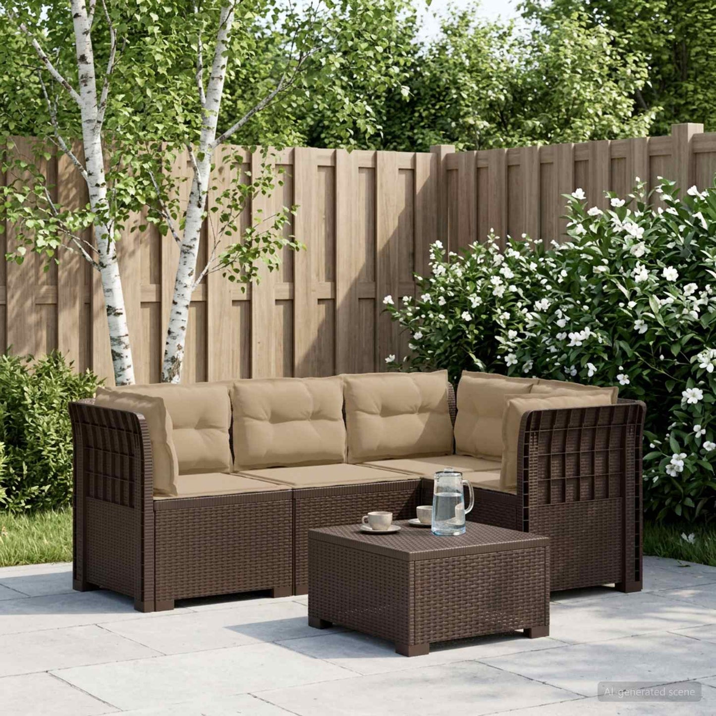 4-Seater Garden Sofa with Cushions Rattan Look PP Brown