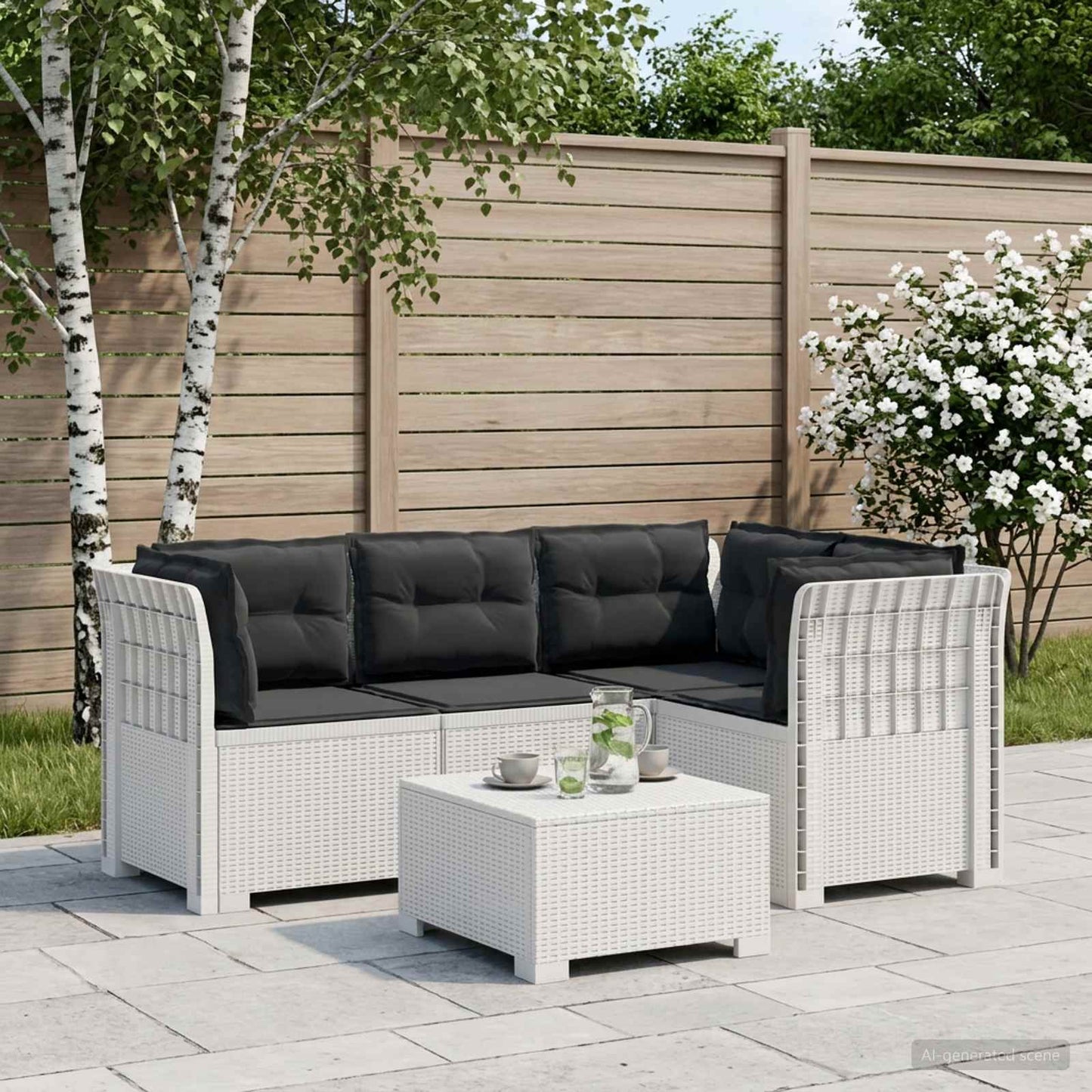 4-Seater Garden Sofa with Cushions Rattan Look PP White