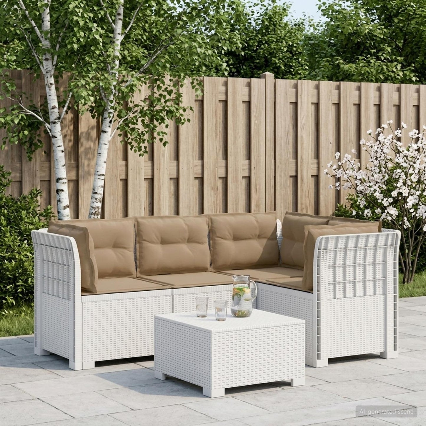 4-Seater Garden Sofa with Cushions Rattan Look PP White