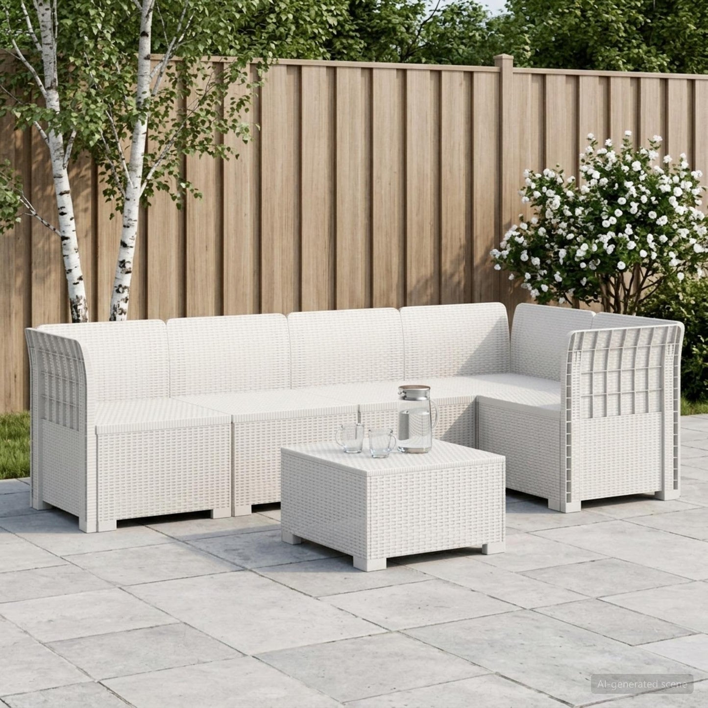 5-Seater Garden Sofa Rattan Look PP White