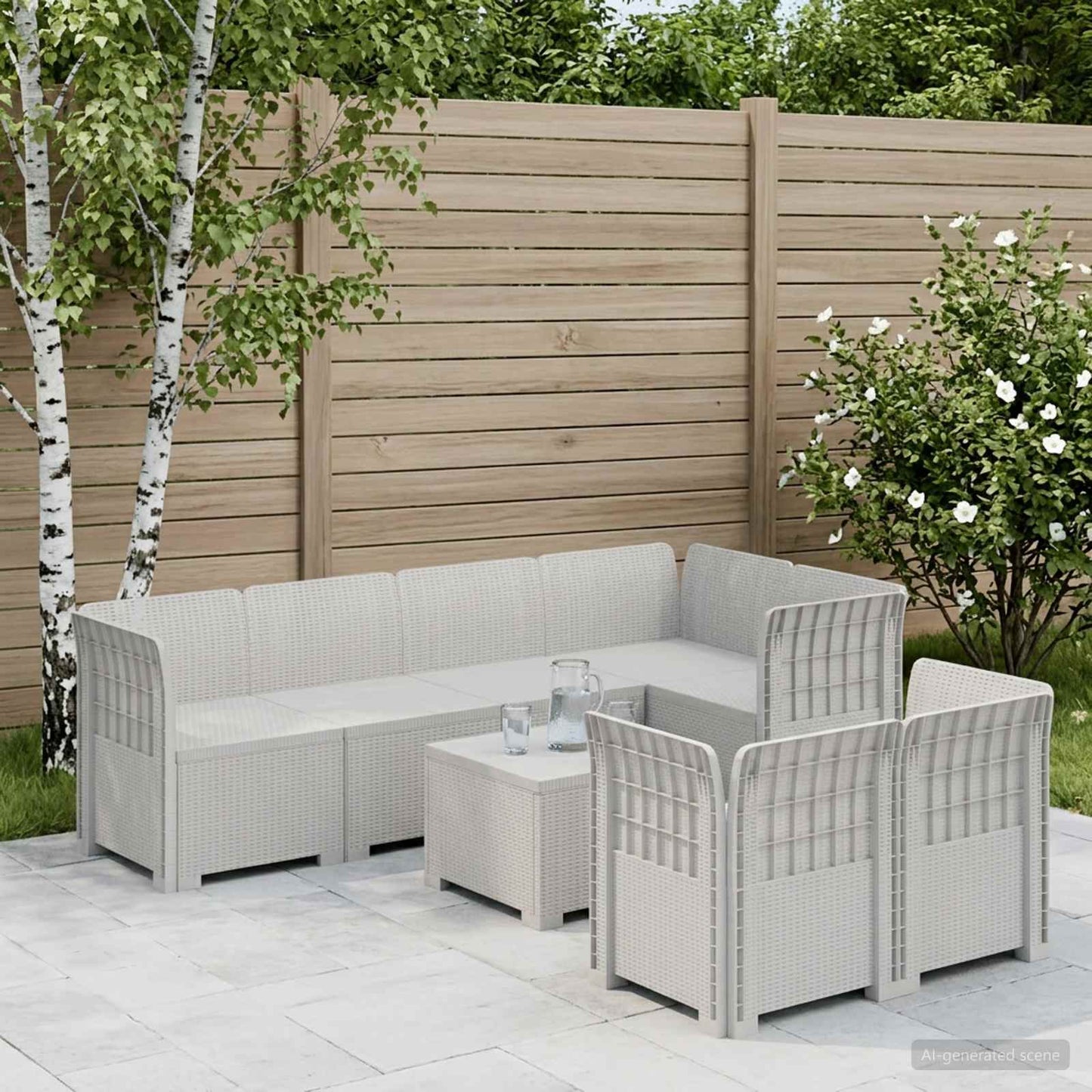 7-Seater Garden Sofa Rattan Look PP White