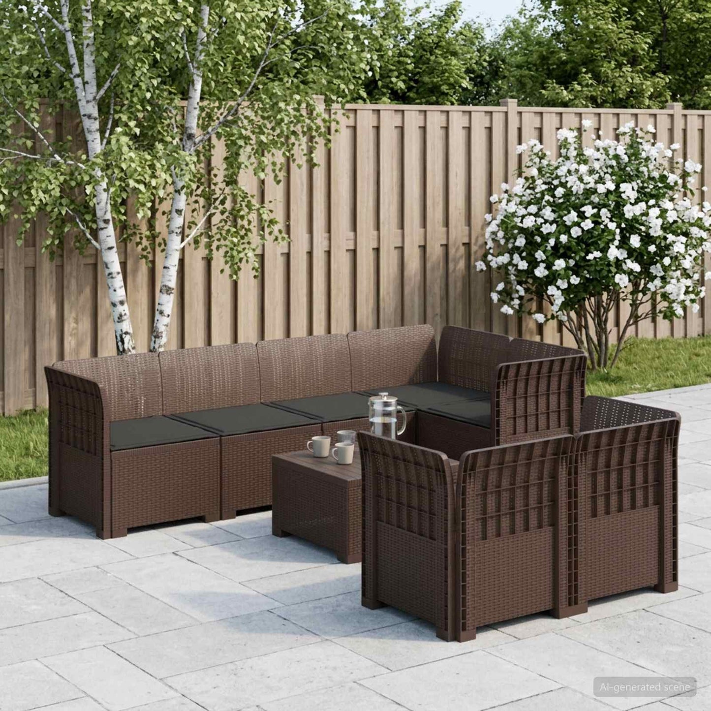 7-Seater Garden Sofa with Cushions Rattan Look PP Brown