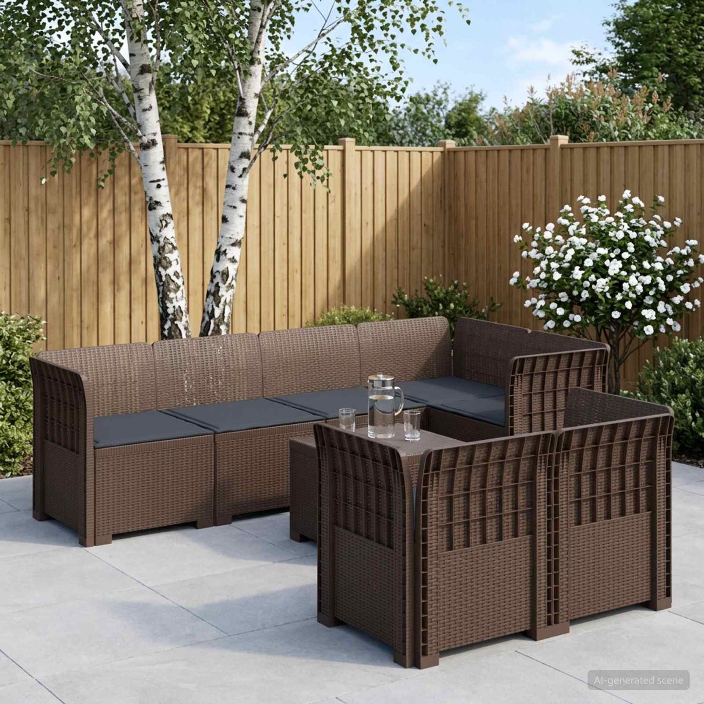 7-Seater Garden Sofa with Cushions Rattan Look PP Brown