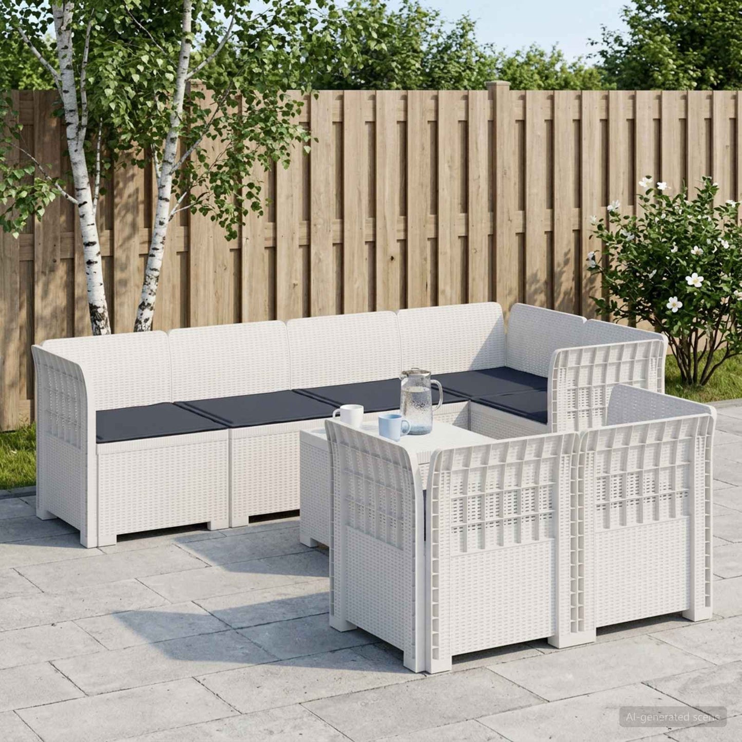 7-Seater Garden Sofa with Cushions Rattan Look PP White