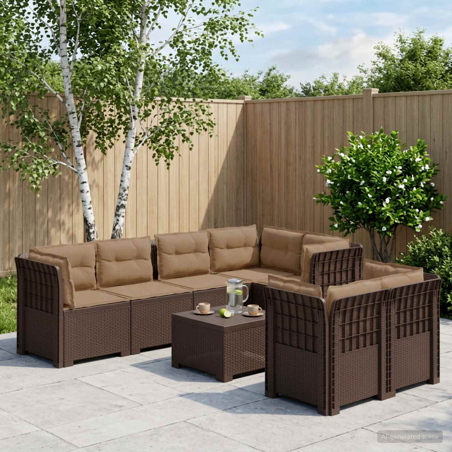 7-Seater Garden Sofa with Cushions Rattan Look PP Brown