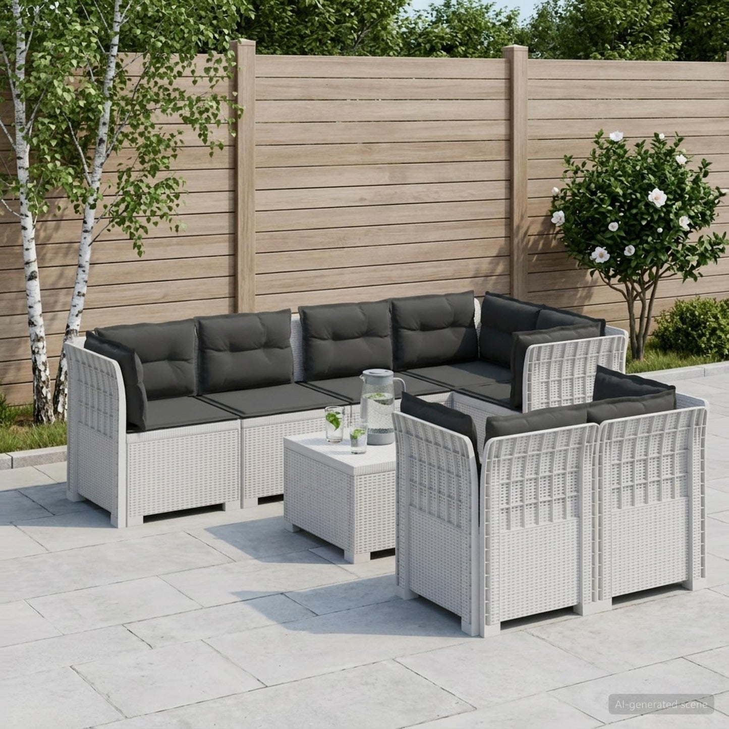 7-Seater Garden Sofa with Cushions Rattan Look PP White