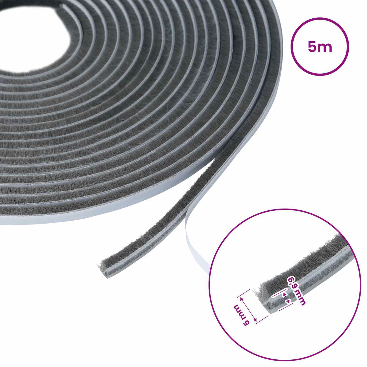 Self-Adhesive Door Brush Seal 5 m PP Grey