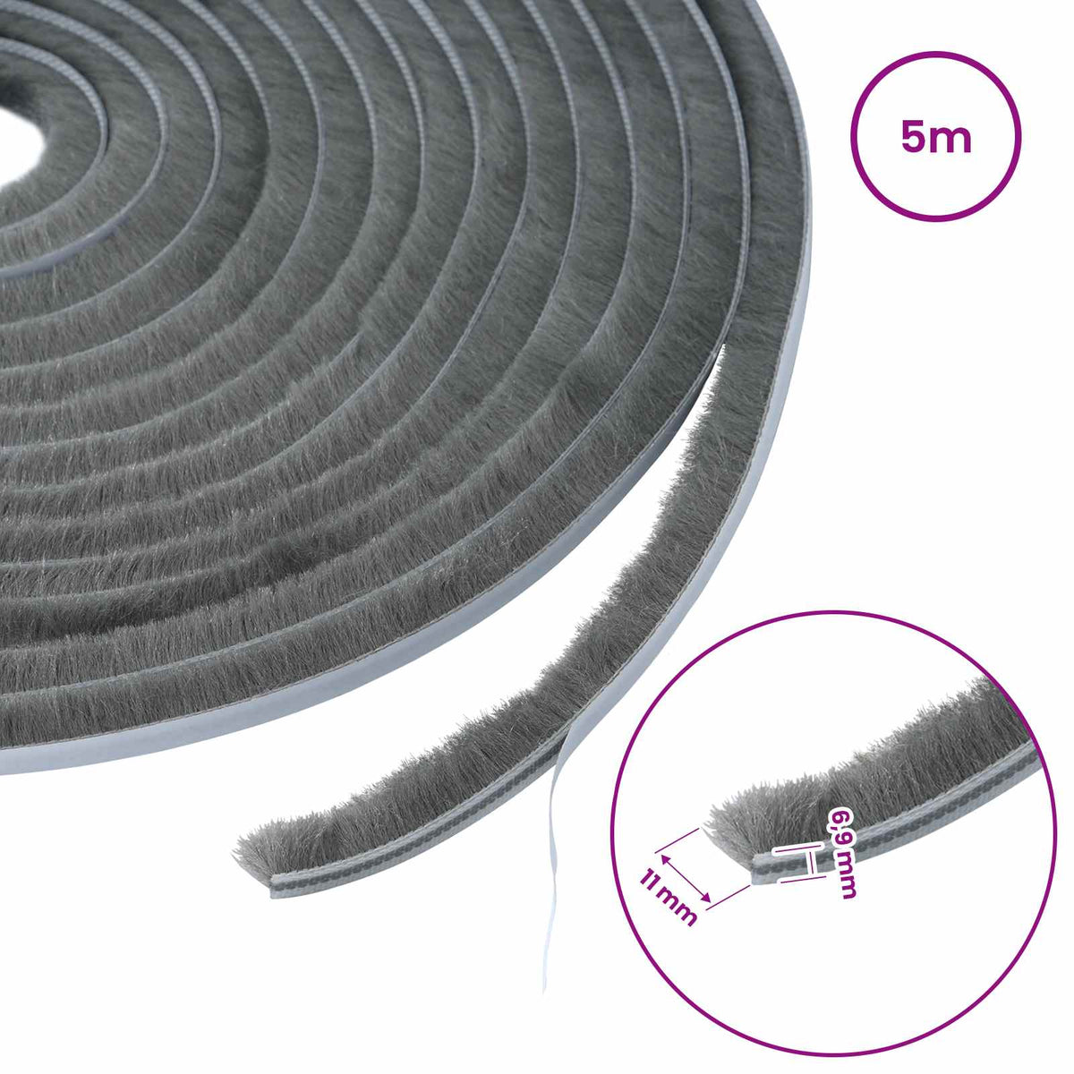 Self-Adhesive Door Brush Seal 5 m PP Grey