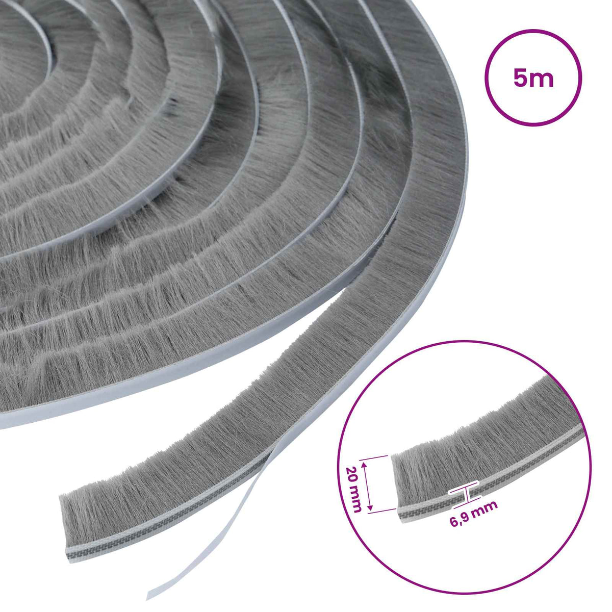 Self-Adhesive Door Brush Seal 5 m PP Grey