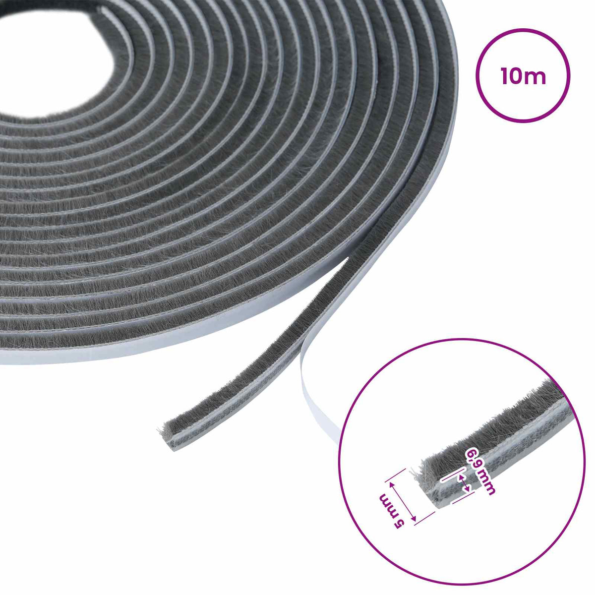 Self-Adhesive Door Brush Seal 10 m PP Grey