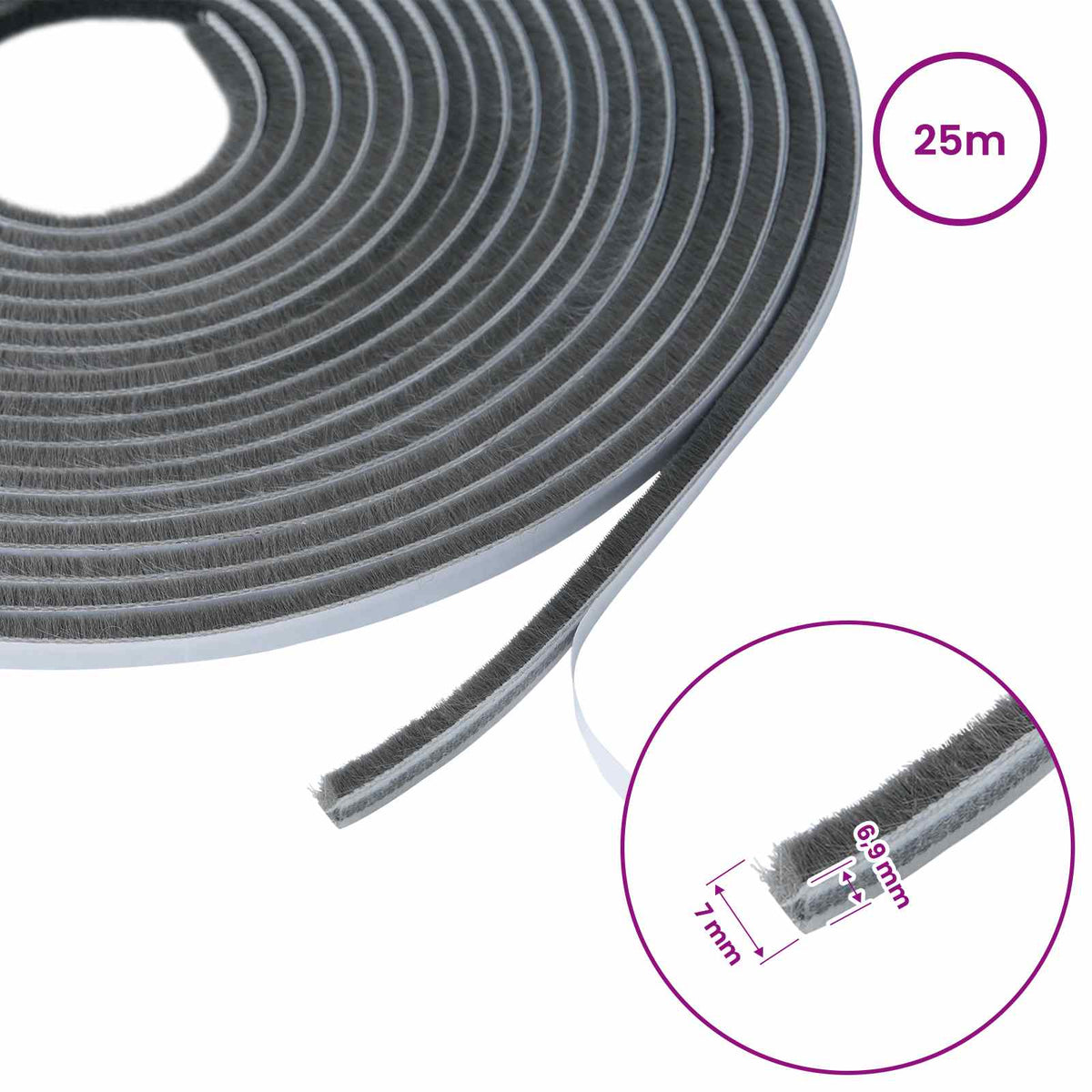 Self-Adhesive Door Brush Seal 25 m PP Grey