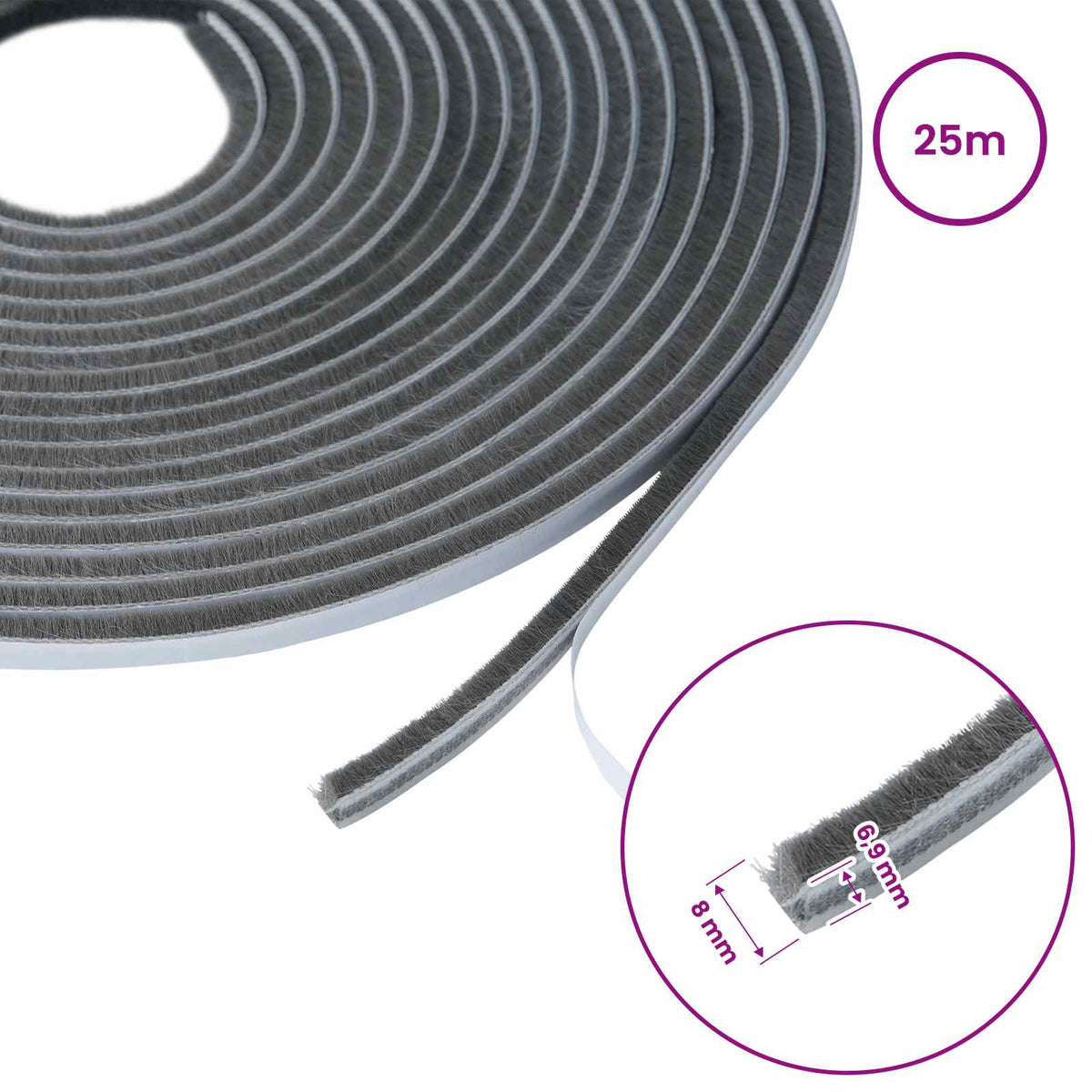 Self-Adhesive Door Brush Seal 25 m PP Grey