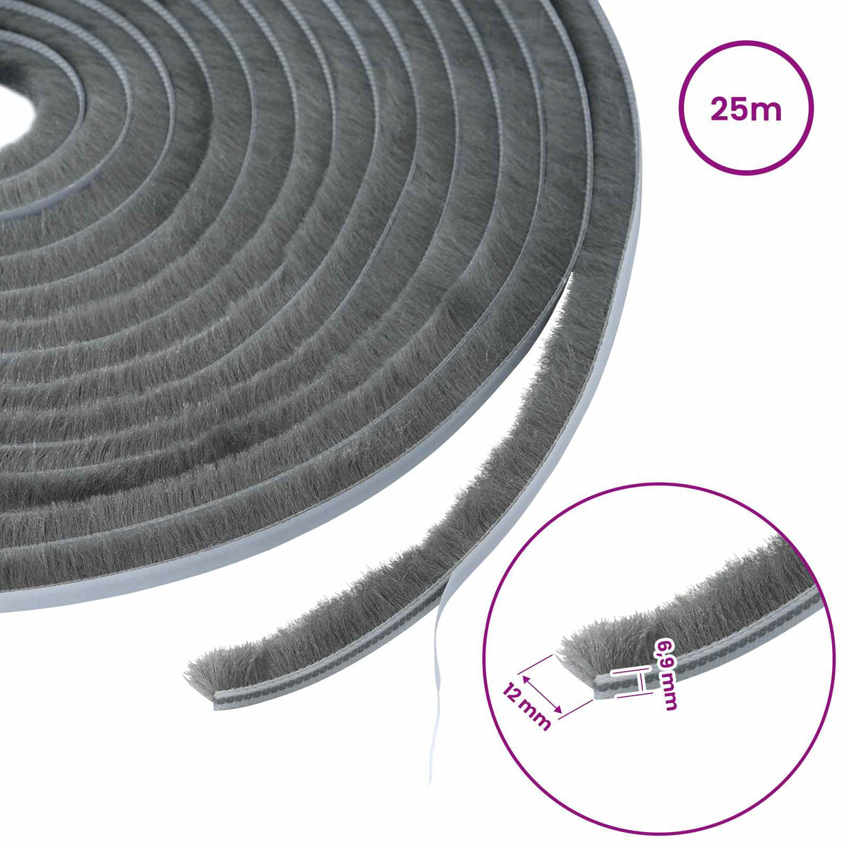 Self-Adhesive Door Brush Seal 25 m PP Grey