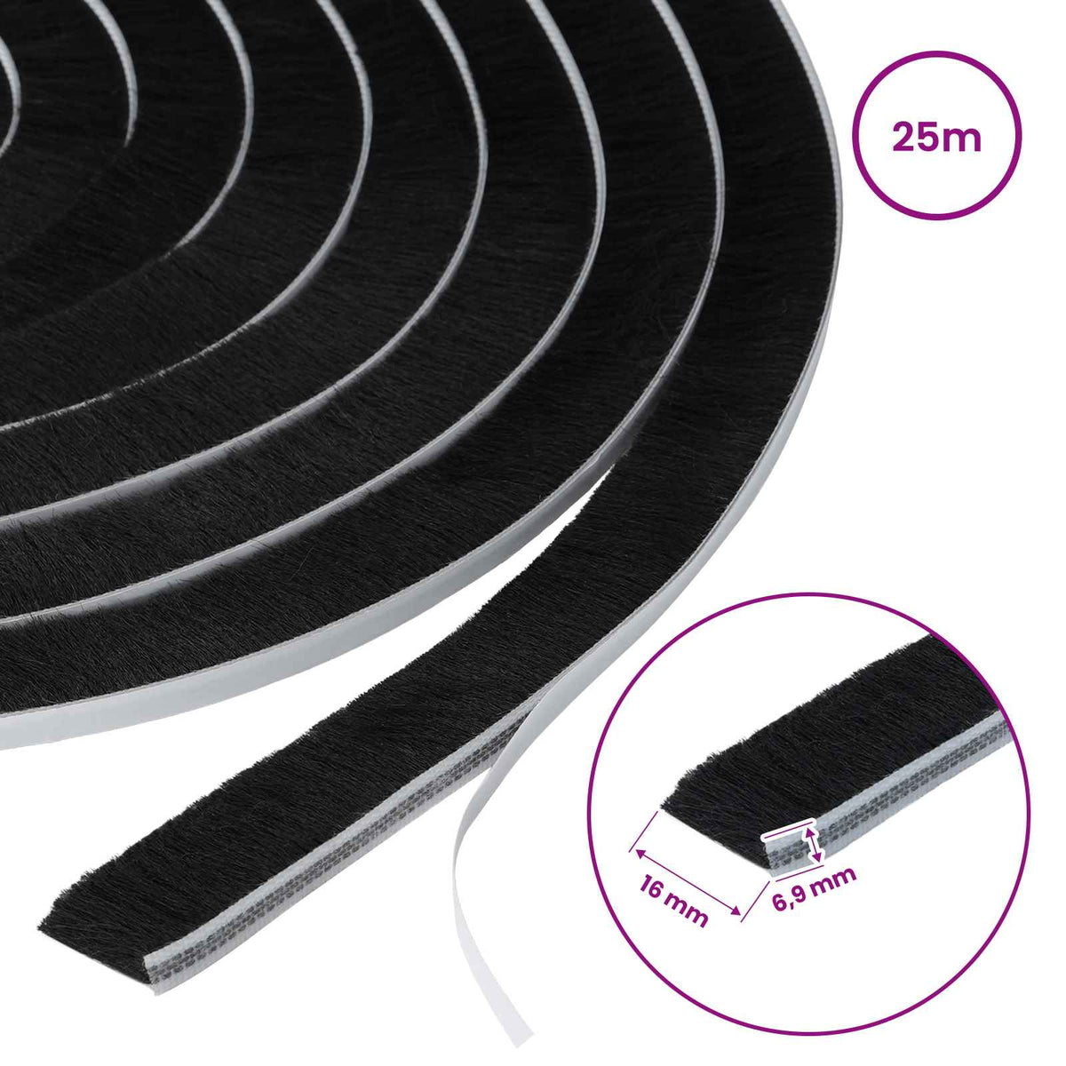 Self-Adhesive Door Brush Seal 25 m PP Black