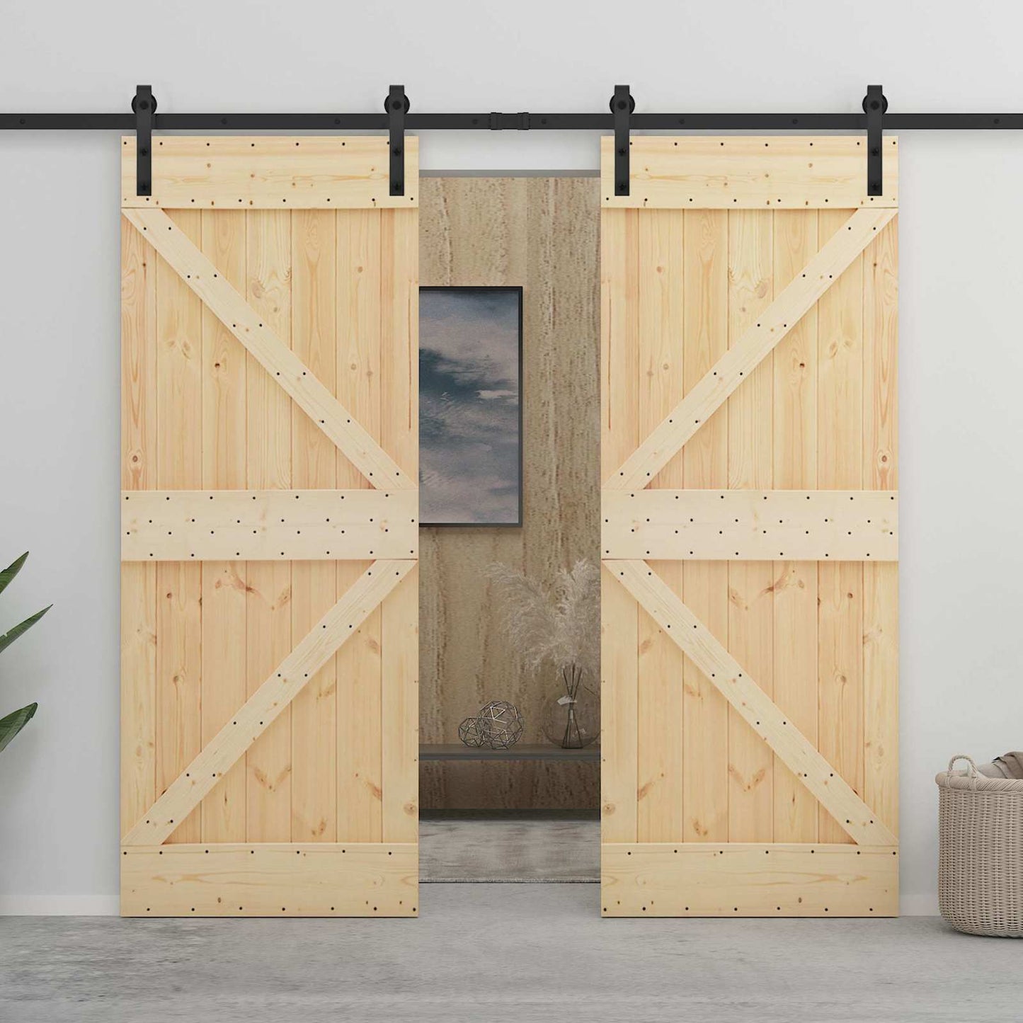 Sliding Door Natural and Black 80 x 210 cm Solid Pine Wood
