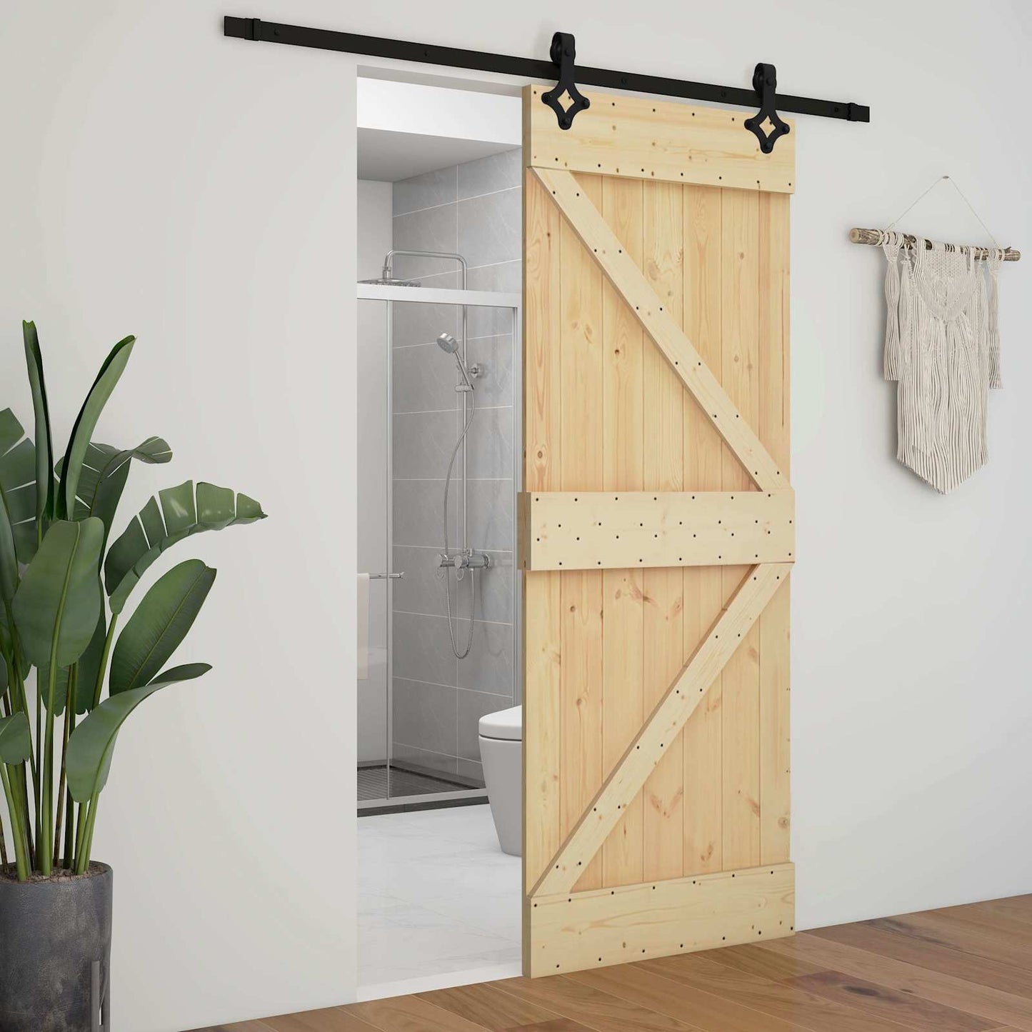 Sliding Door 90 x 210 cm Solid Pine Wood Natural and Black