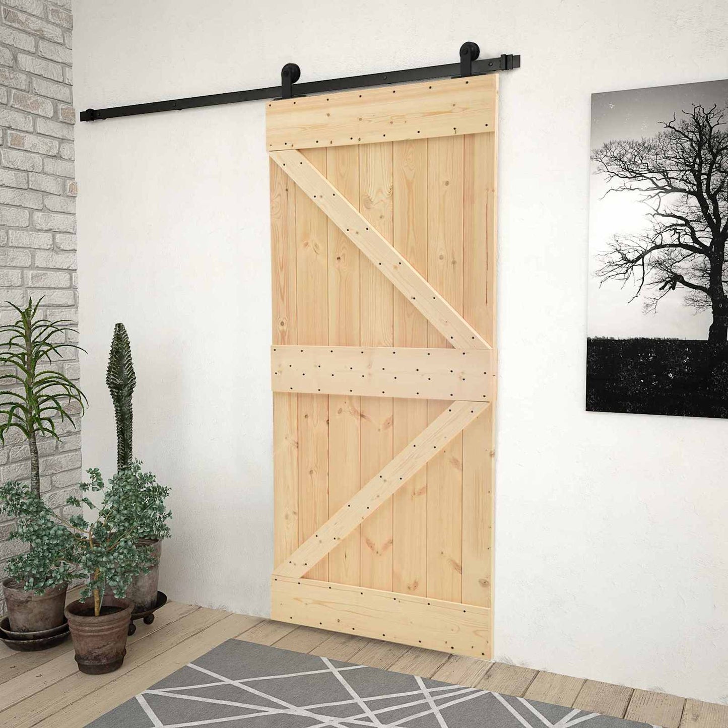 Sliding Door Natural and Black 90 x 210 cm Solid Pine Wood