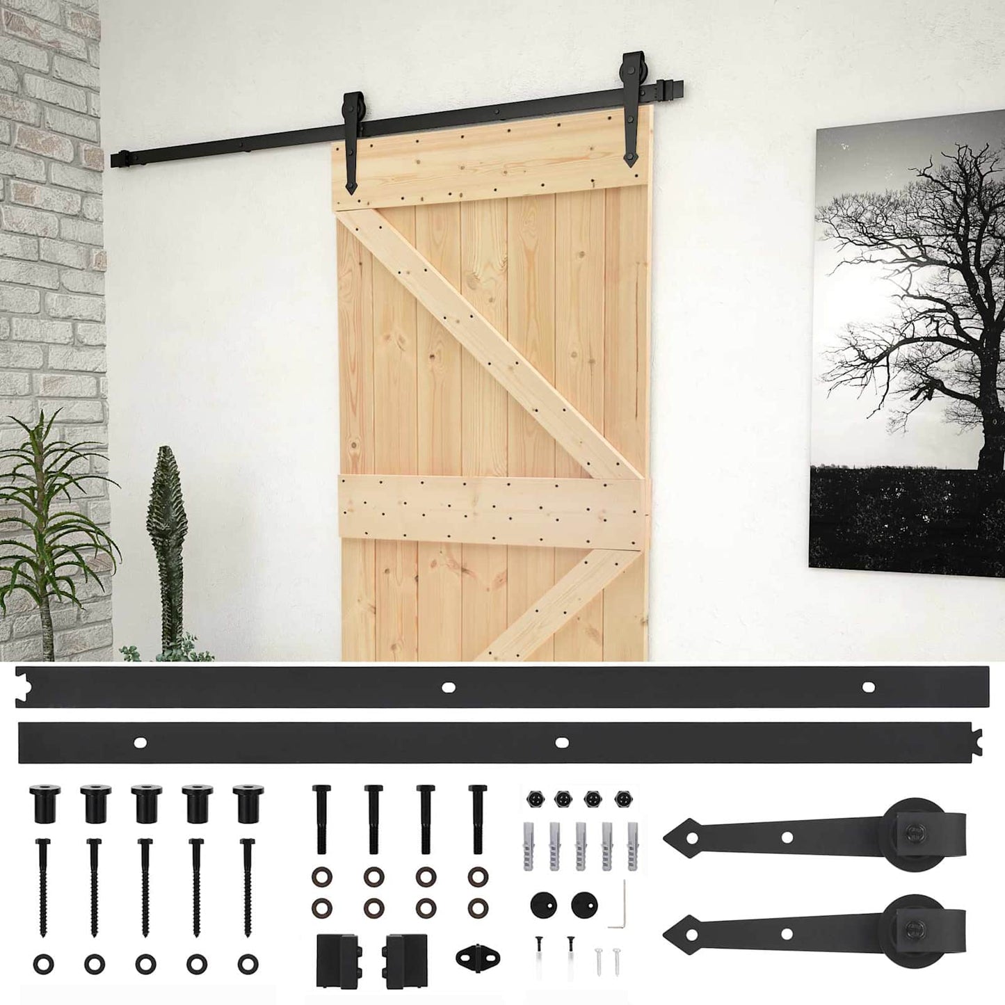 Sliding Door Natural and Black 100 x 210 cm Solid Pine Wood
