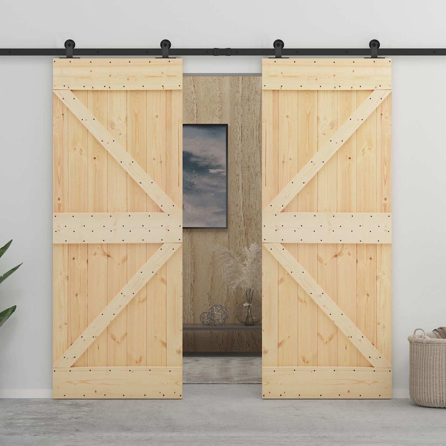 Sliding Door Natural and Black 100 x 210 cm Solid Pine Wood