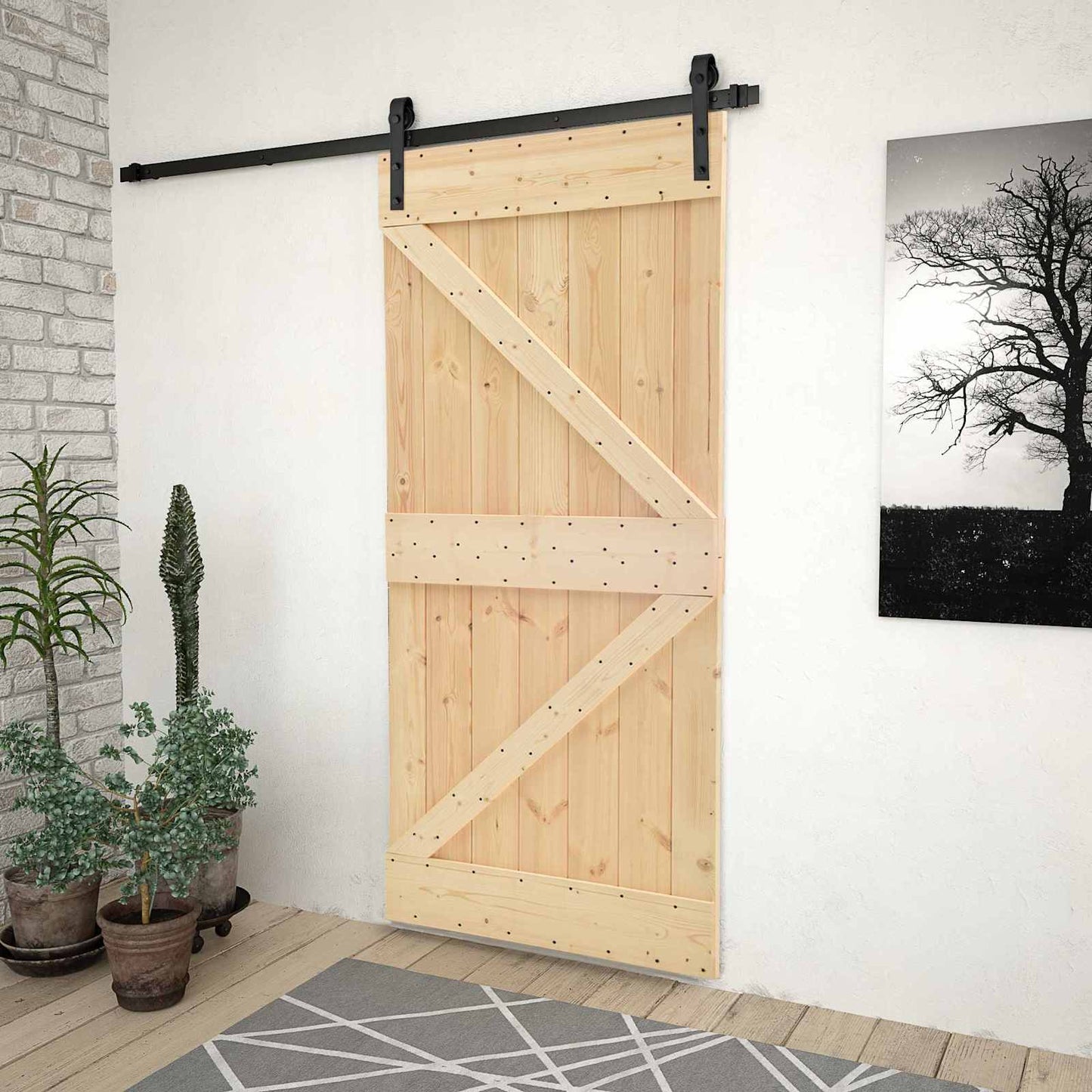 Sliding Door Natural and Black 100 x 210 cm Solid Pine Wood