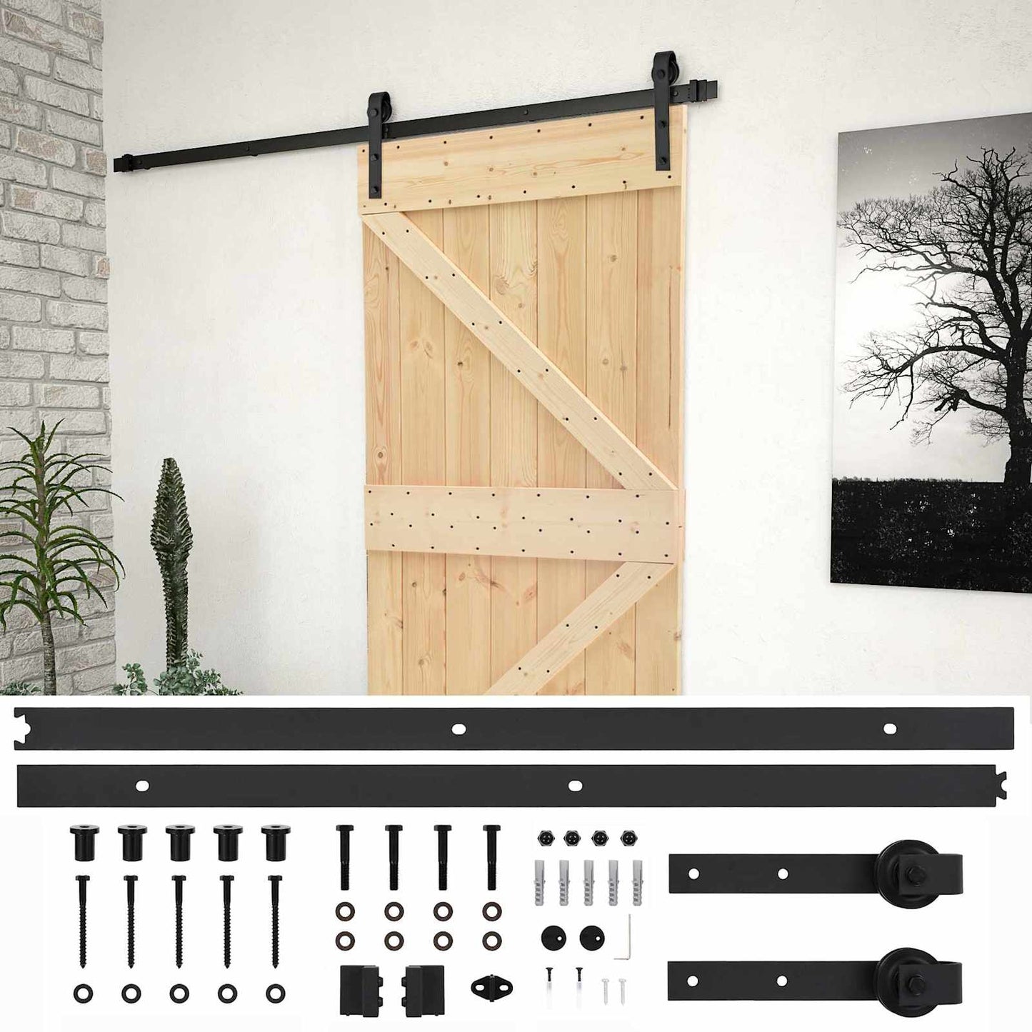 Sliding Door Natural and Black 100 x 210 cm Solid Pine Wood