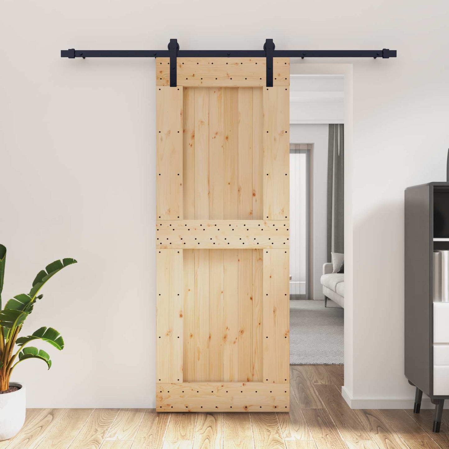 Sliding Door Natural and Black 80 x 210 cm Solid Pine Wood