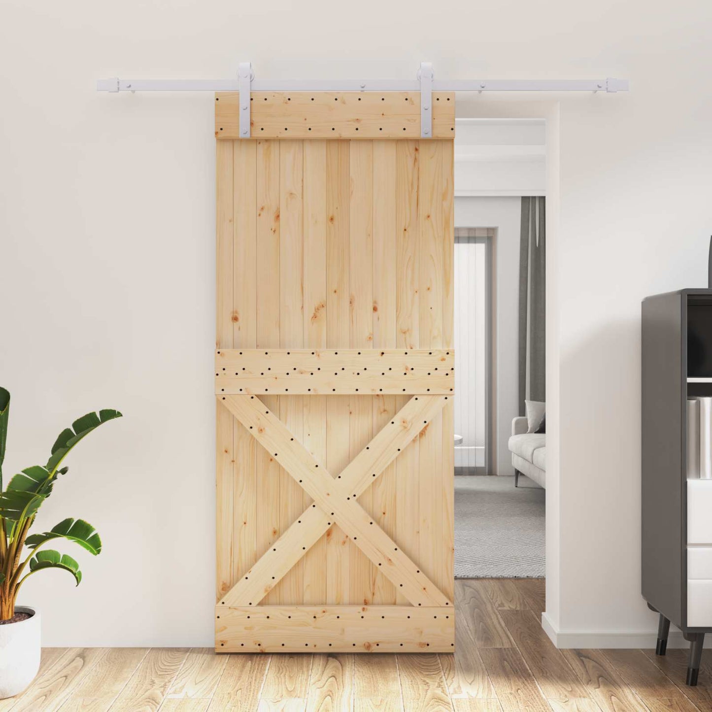 Sliding Door Natural and White 90 x 210 cm Solid Pine Wood