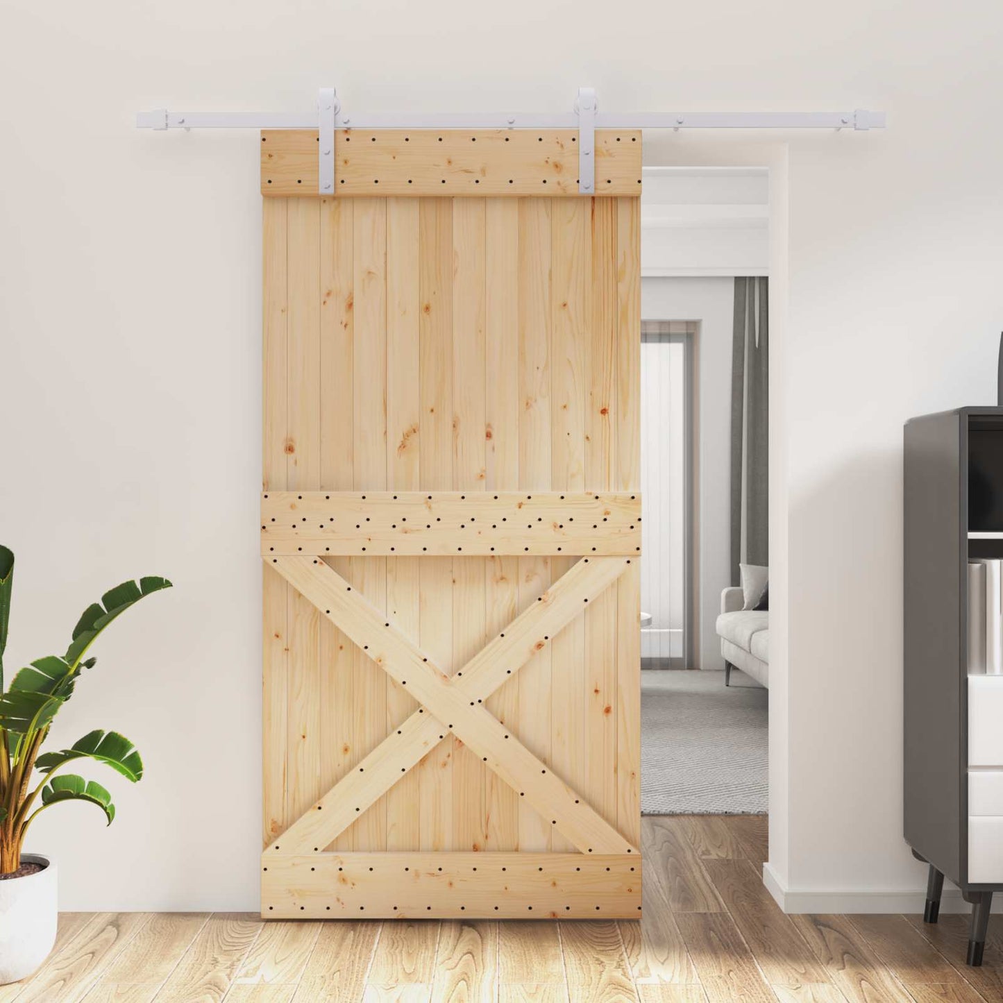 Sliding Door Natural and White 100 x 210 cm Solid Pine Wood