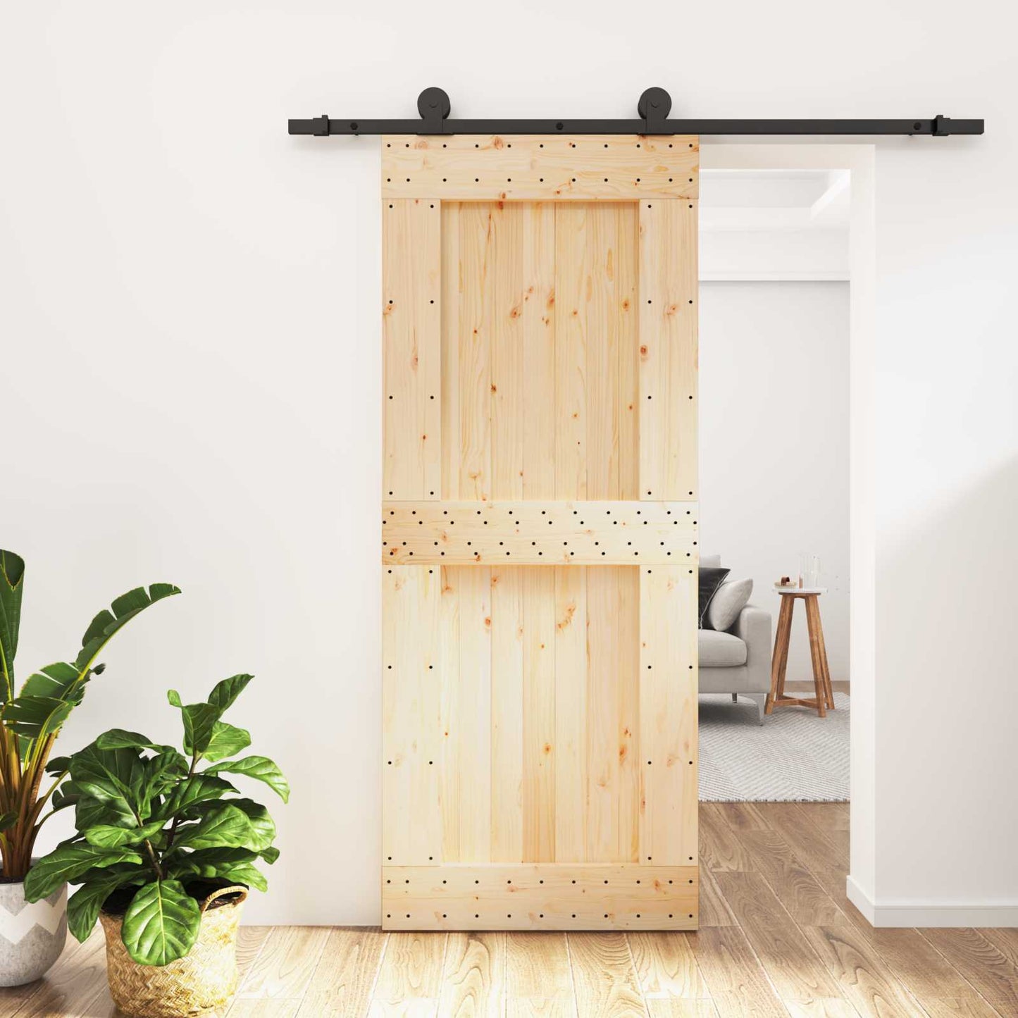 Sliding Door Natural and Black 85 x 210 cm Solid Pine Wood