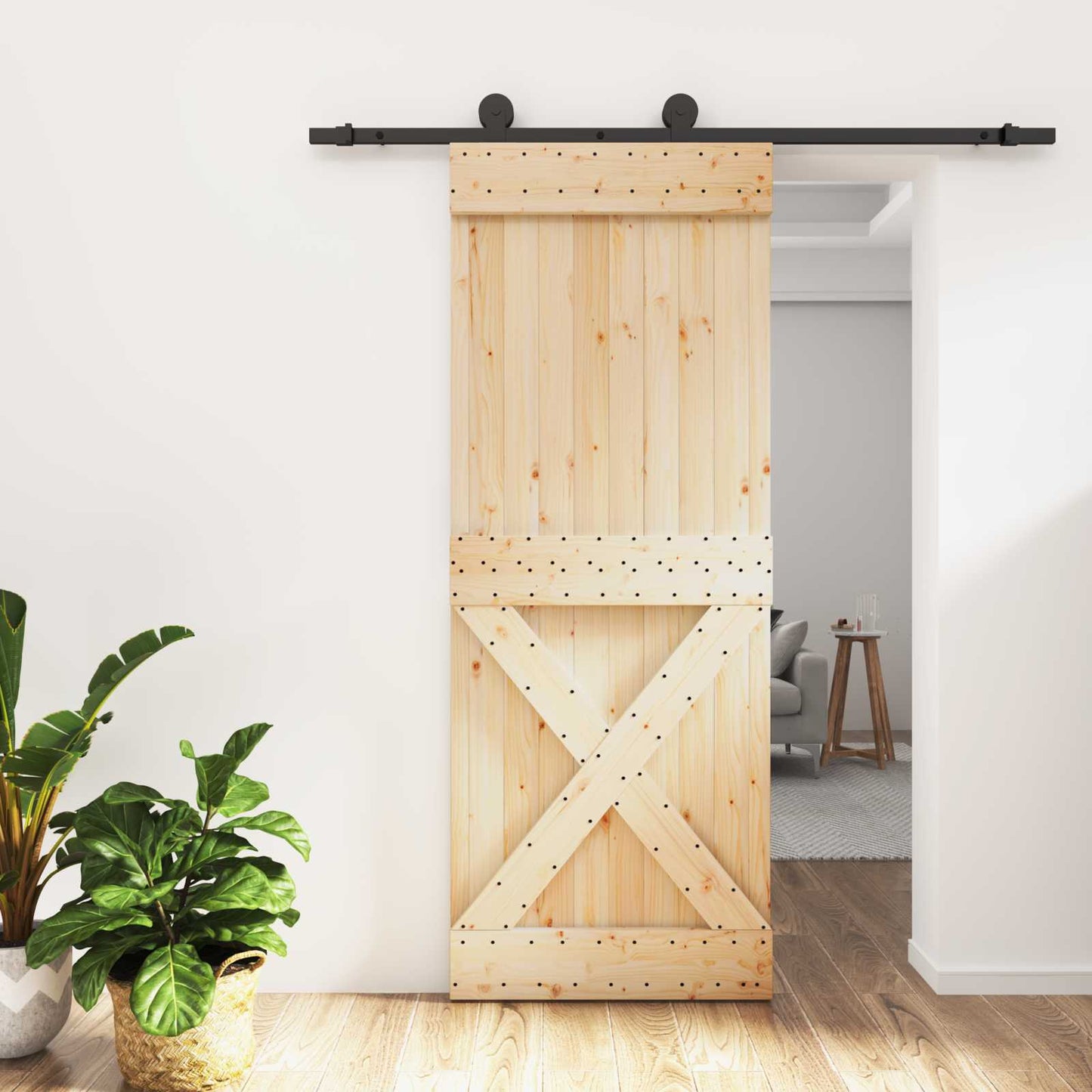 Sliding Door Natural and Black 80 x 210 cm Solid Pine Wood
