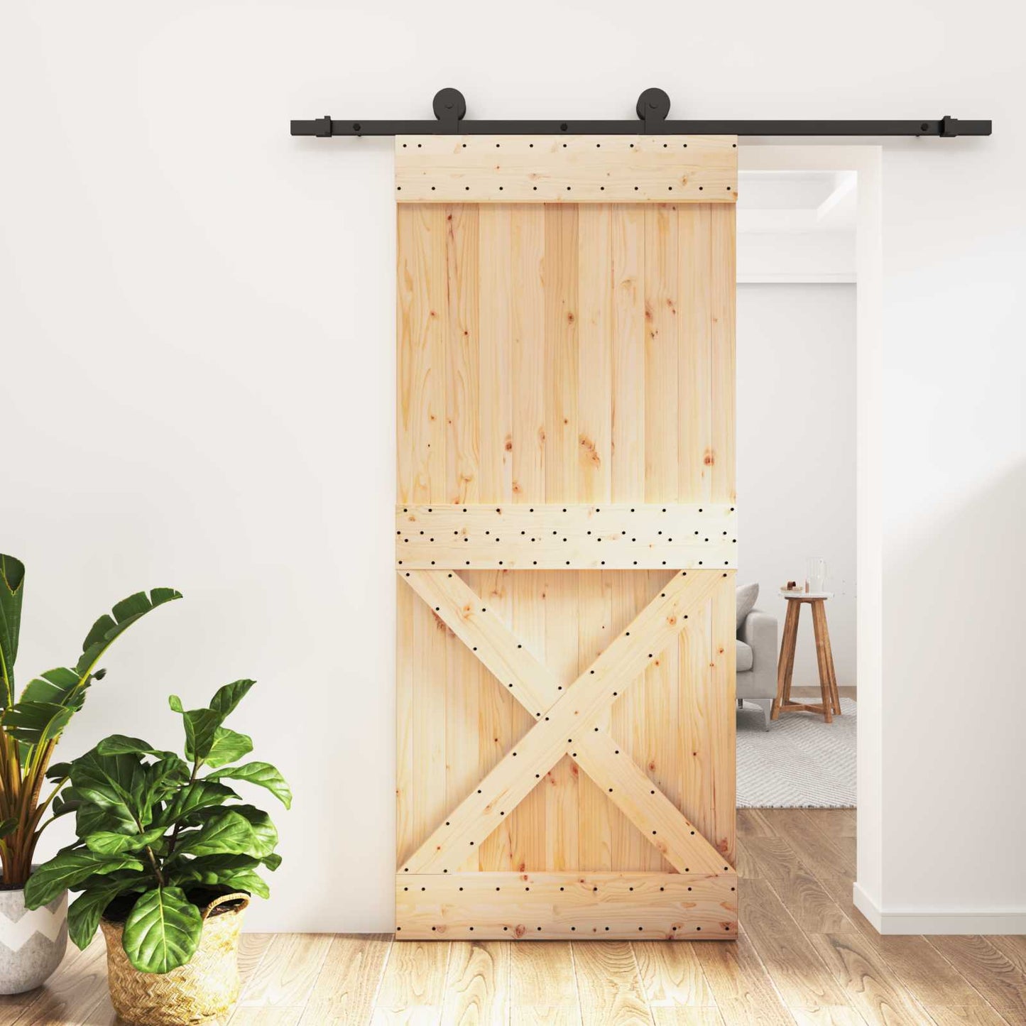 Sliding Door Natural and Black 90 x 210 cm Solid Pine Wood