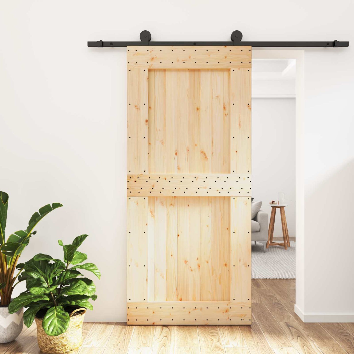 Sliding Door Natural and Black 95 x 210 cm Solid Pine Wood