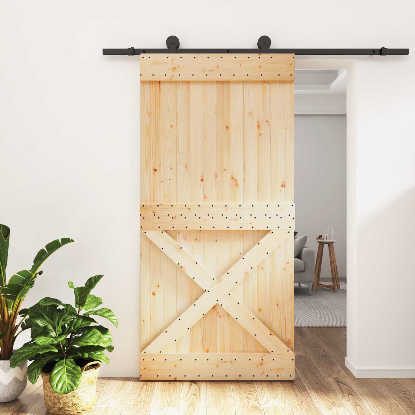 Sliding Door Natural and Black 100 x 210 cm Solid Pine Wood