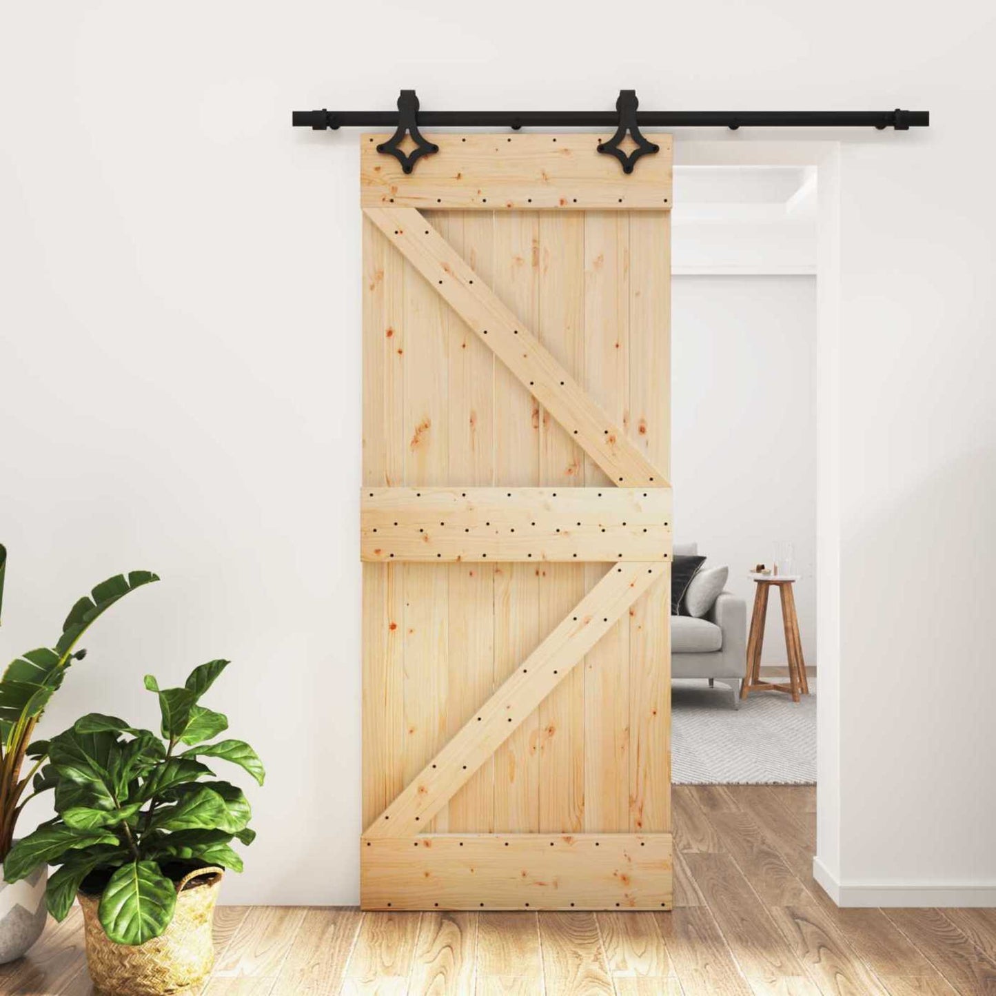 Sliding Door Natural and Black 85 x 210 cm Solid Pine Wood