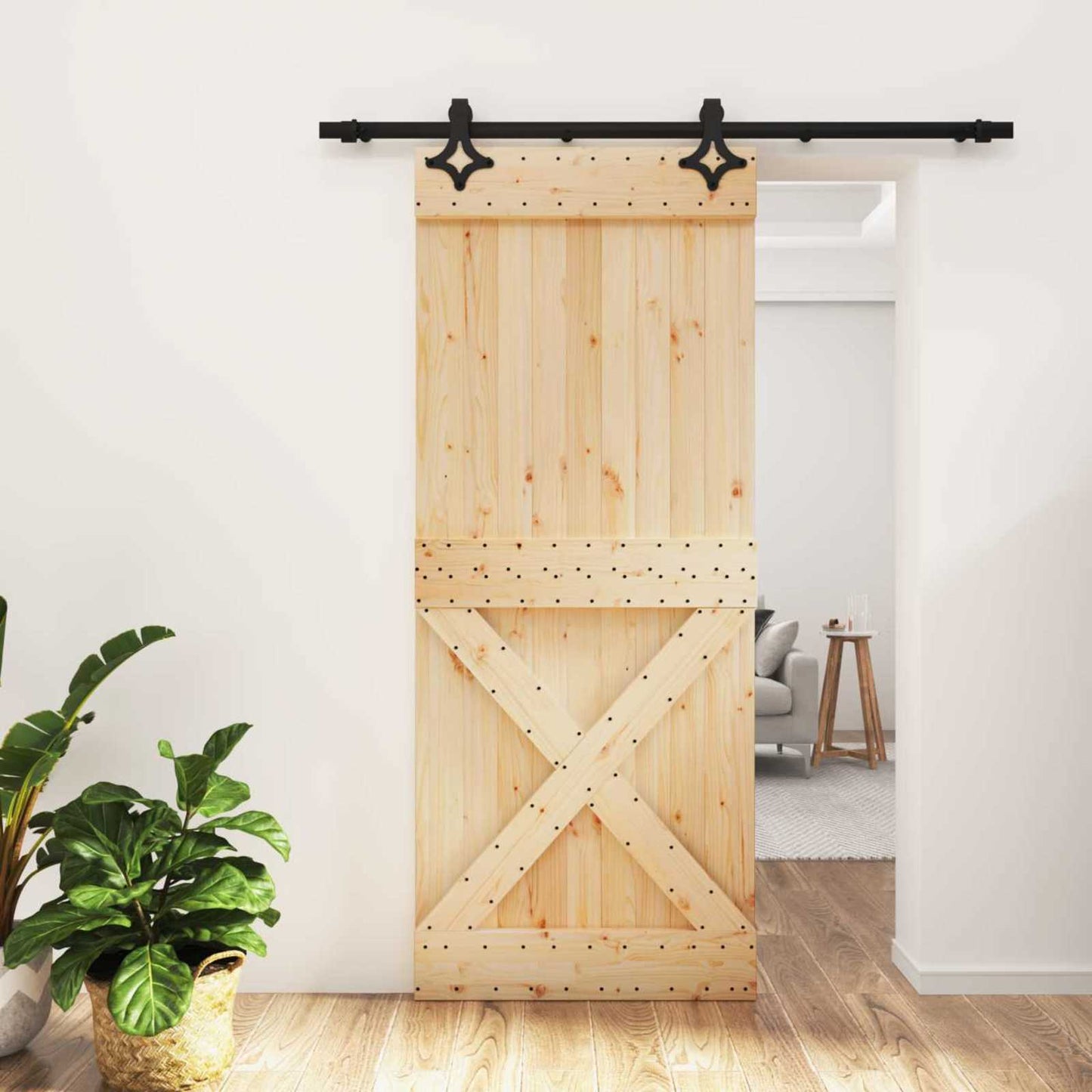 Sliding Door Natural and Black 85 x 210 cm Solid Pine Wood