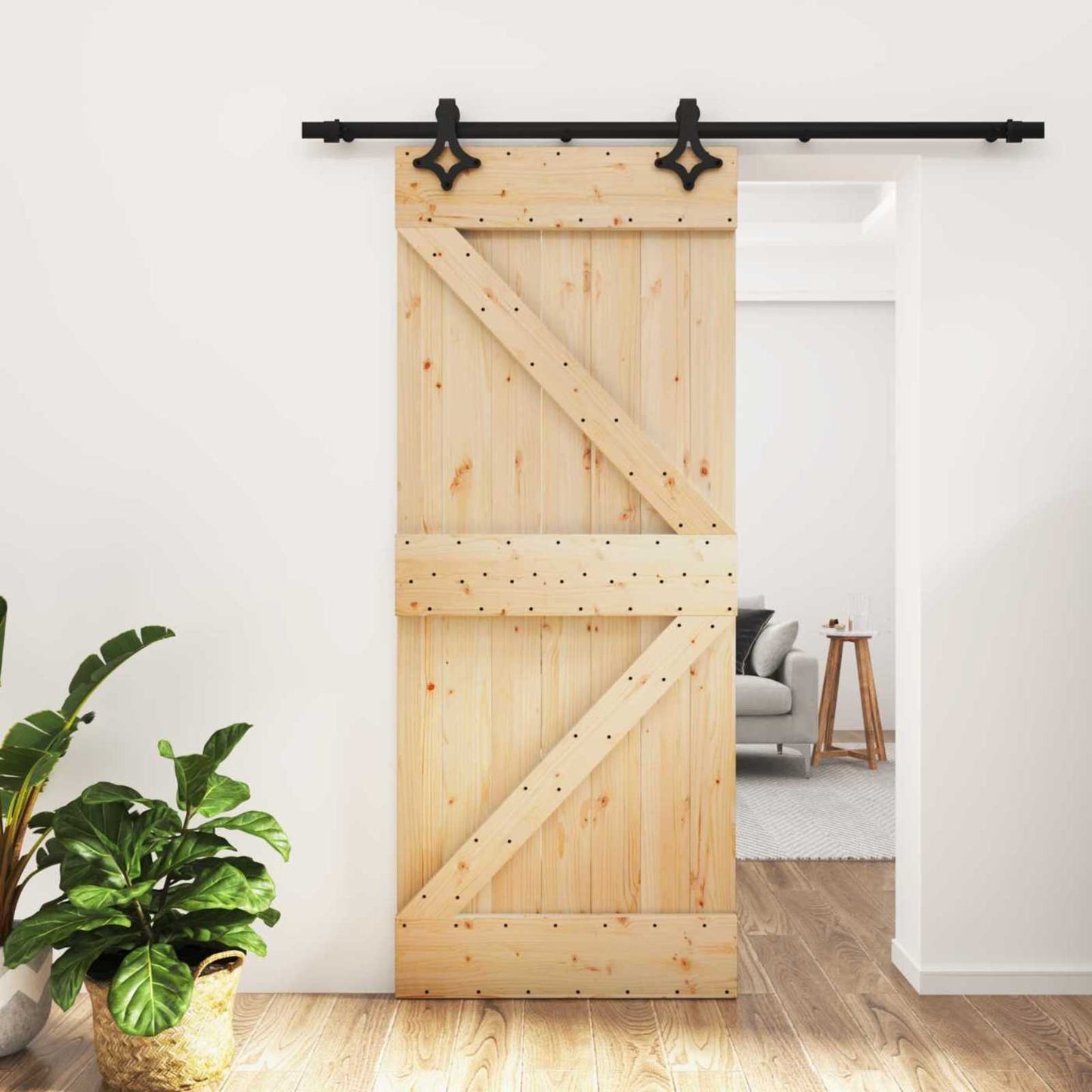 Sliding Door Natural and Black 85 x 210 cm Solid Pine Wood