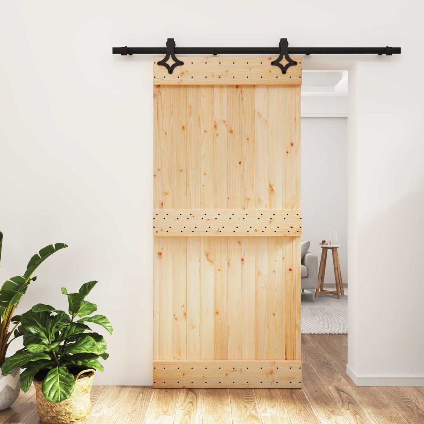 Sliding Door Natural and Black 95 x 210 cm Solid Pine Wood