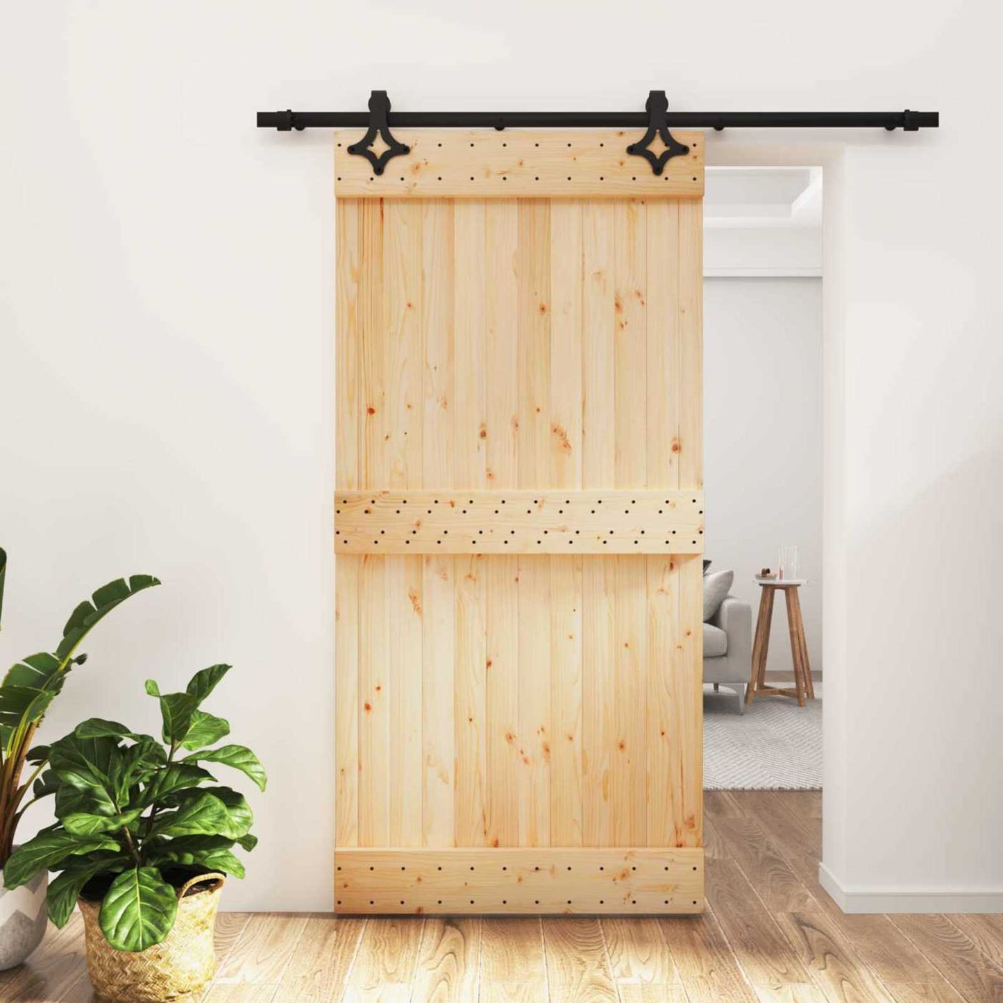 Sliding Door Natural and Black 100 x 210 cm Solid Pine Wood