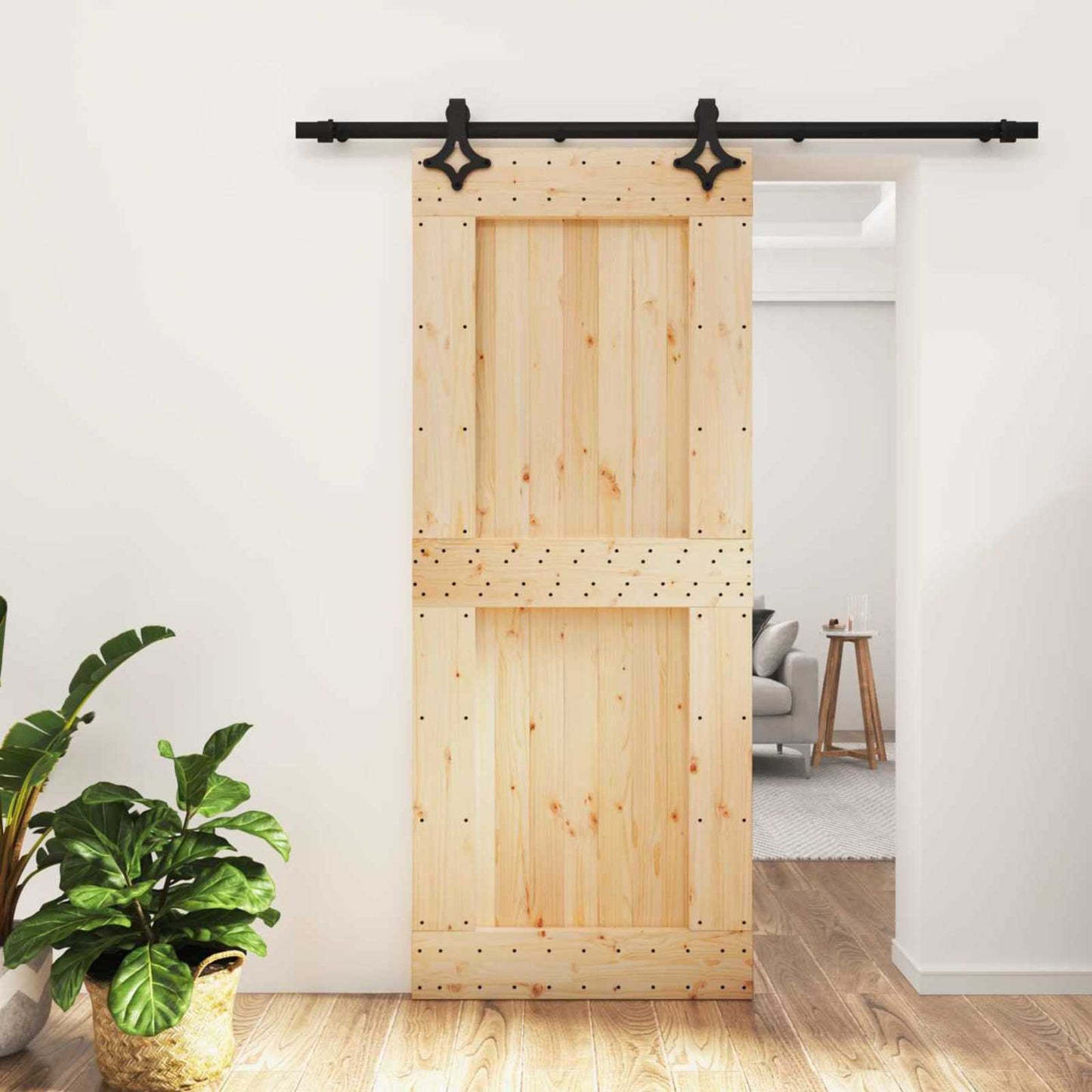 Sliding Door Natural and Black 85 x 210 cm Solid Pine Wood