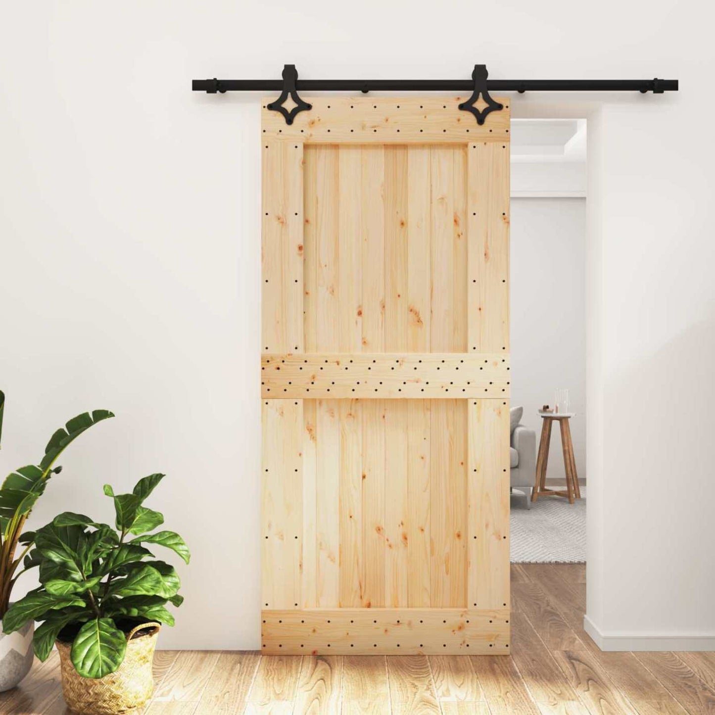 Sliding Door Natural and Black 95 x 210 cm Solid Pine Wood