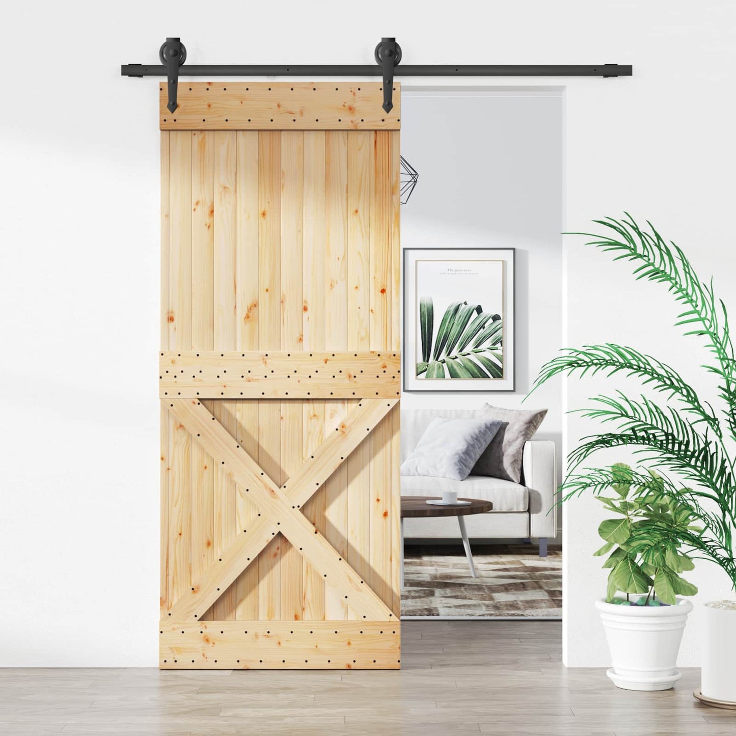Sliding Door Natural and Black 85 x 210 cm Solid Pine Wood