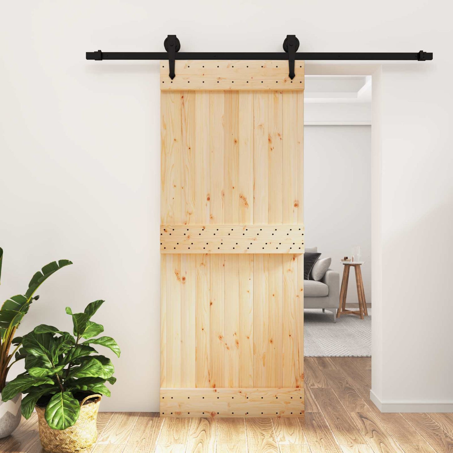 Sliding Door Natural and Black 85 x 210 cm Solid Pine Wood