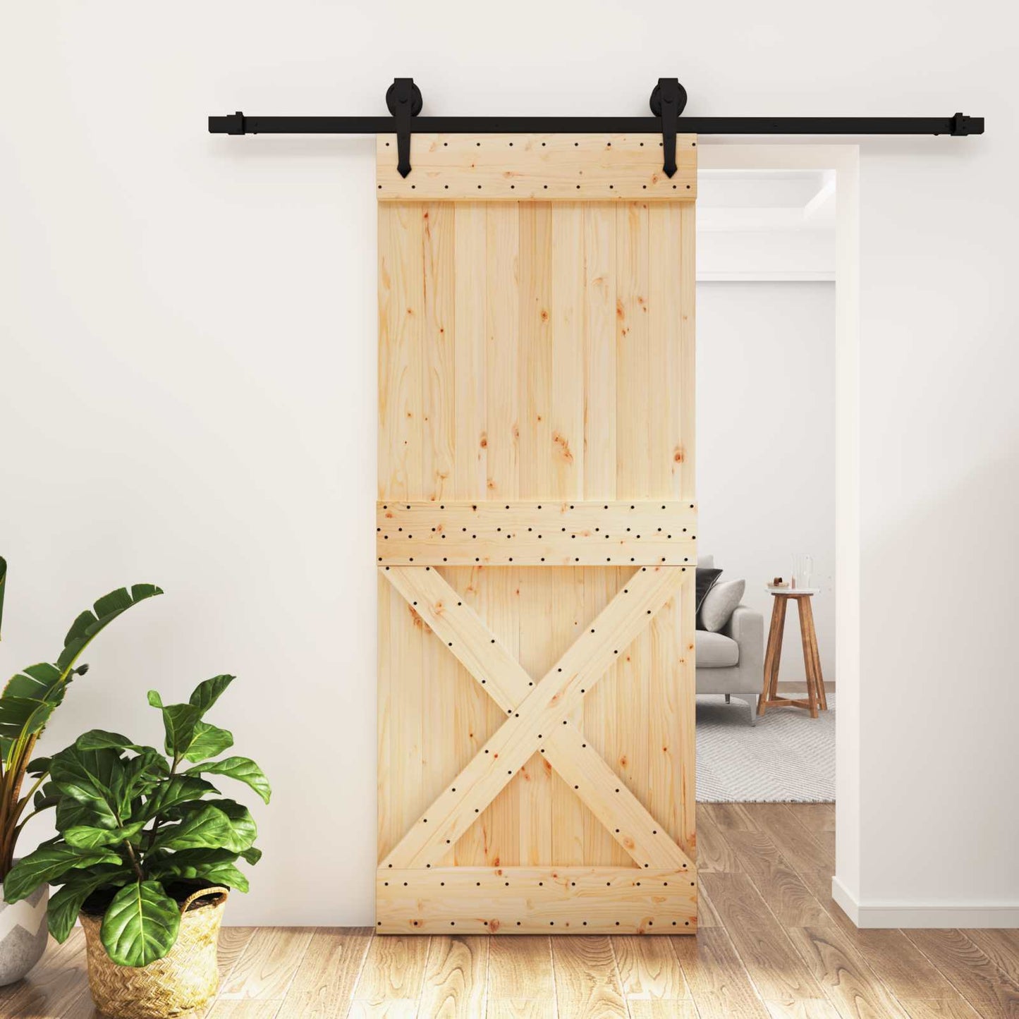 Sliding Door Natural and Black 85 x 210 cm Solid Pine Wood