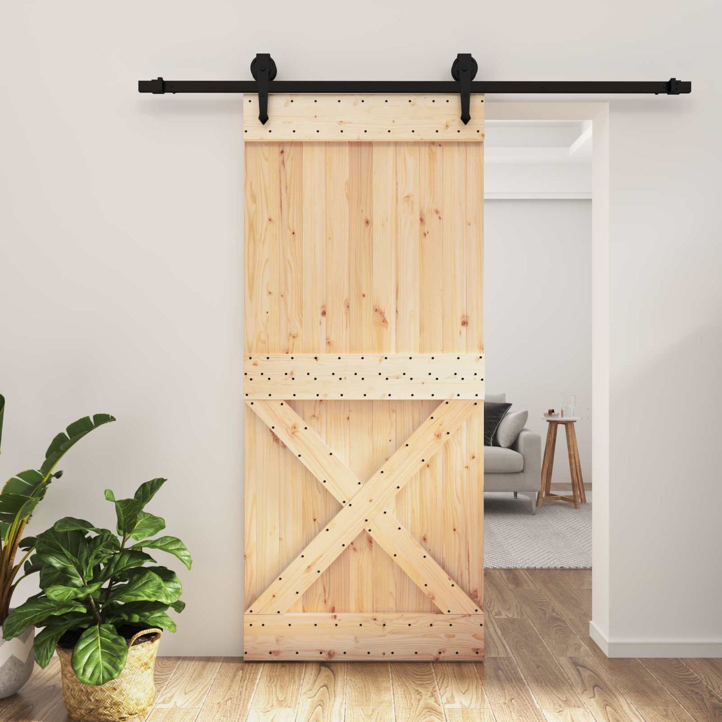 Sliding Door Natural and Black 90 x 210 cm Solid Pine Wood