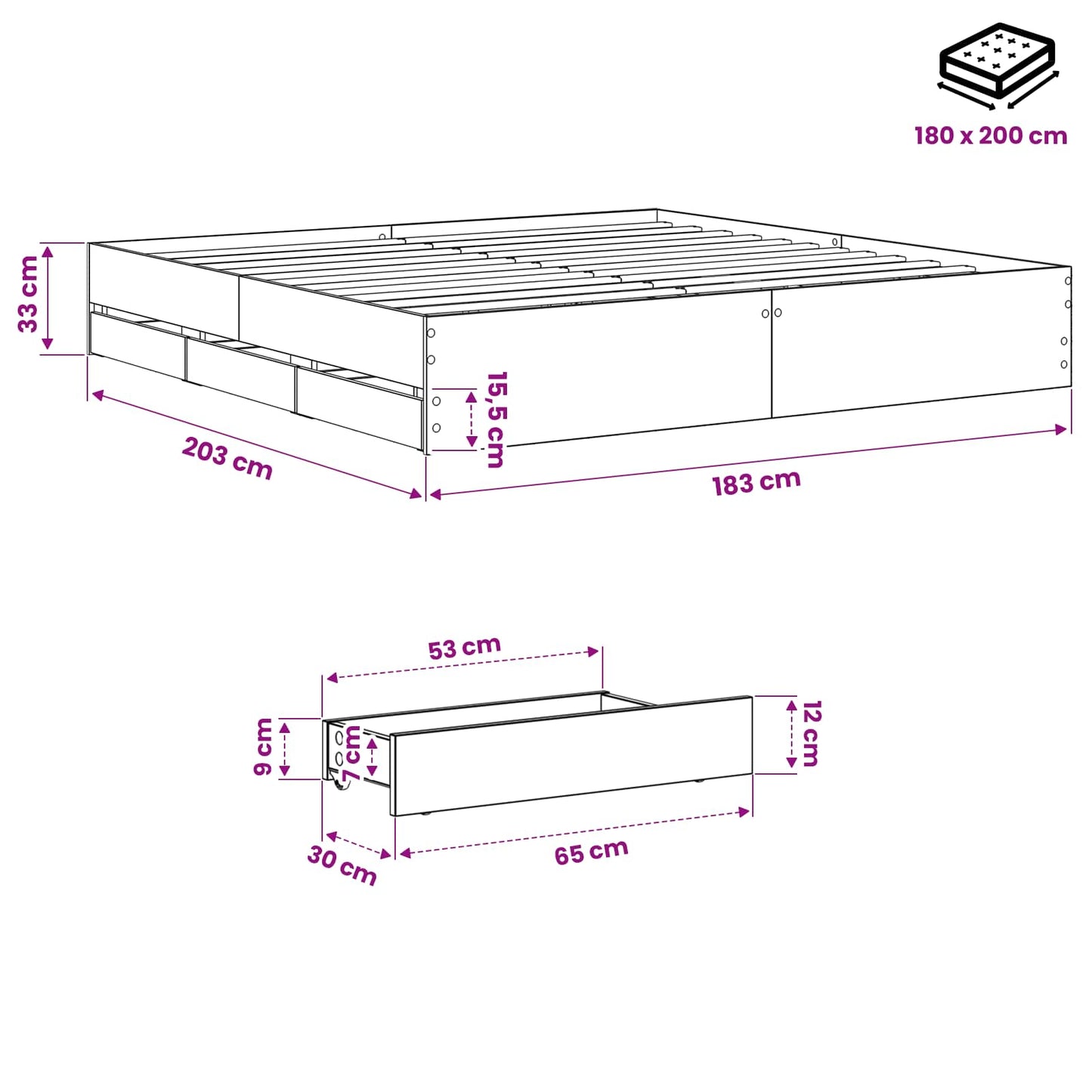Bed Frame with Storage Artisan Oak 180 x 200 cm Engineered wood