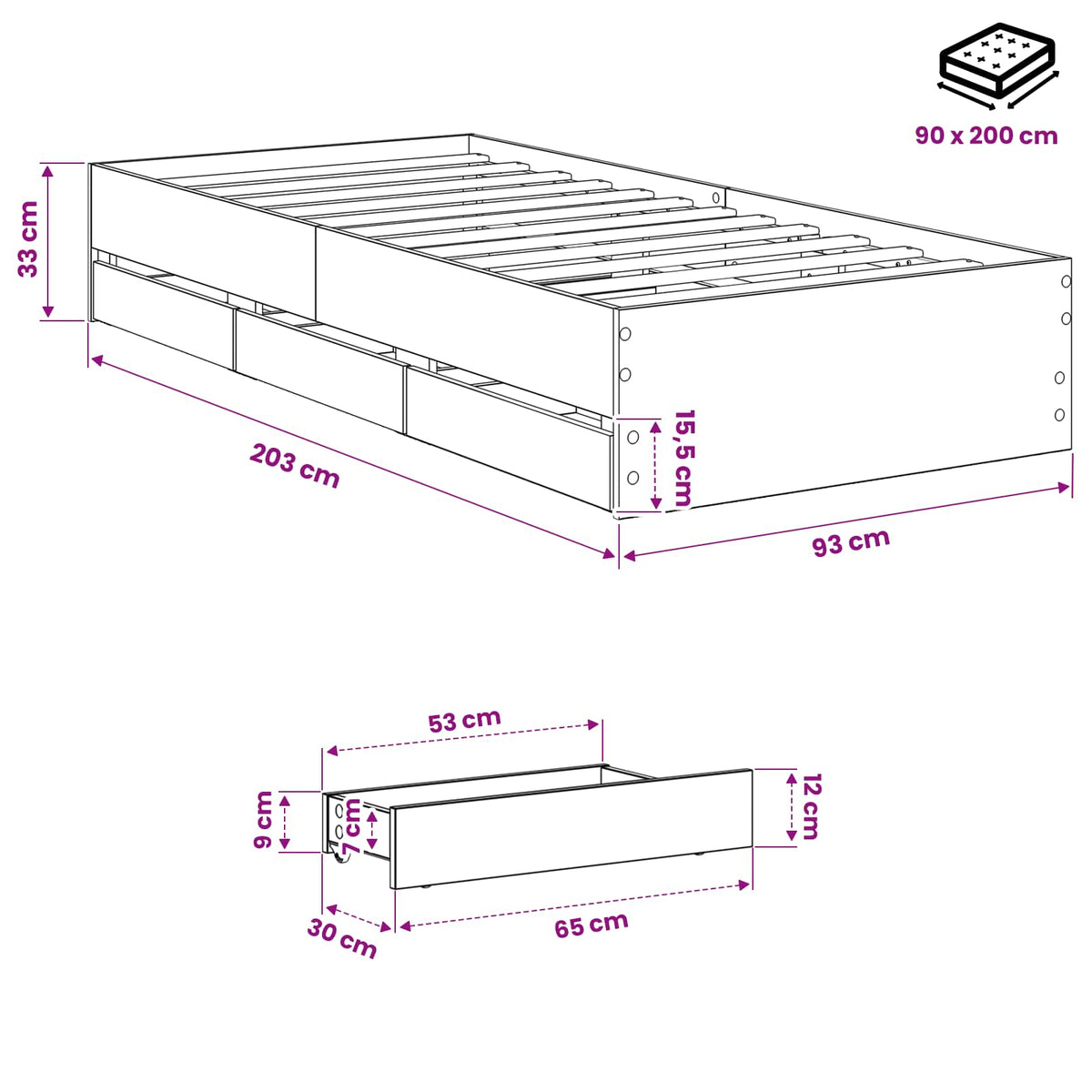 Bed Frame with Storage Artisan Oak 90 x 200 cm Engineered wood