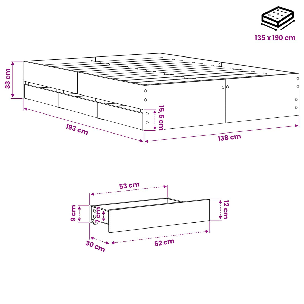 Bed Frame with Storage Artisan Oak 135 x 190 cm Engineered wood