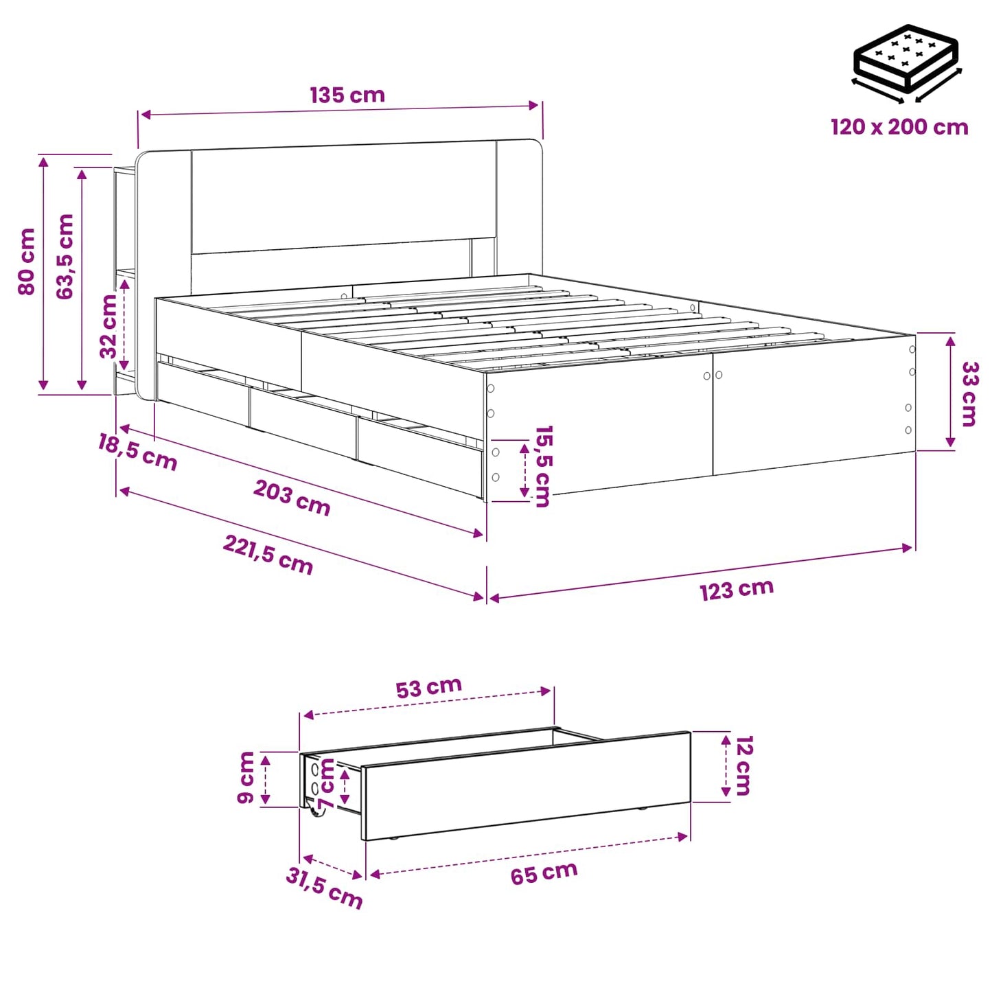 Bed Frame with Storage and Headboard Artisan Oak 120 x 200 cm