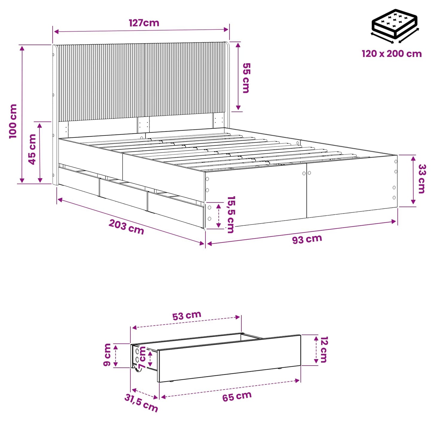 Bed Frame with Storage and Headboard Artisan Oak 120 x 200 cm