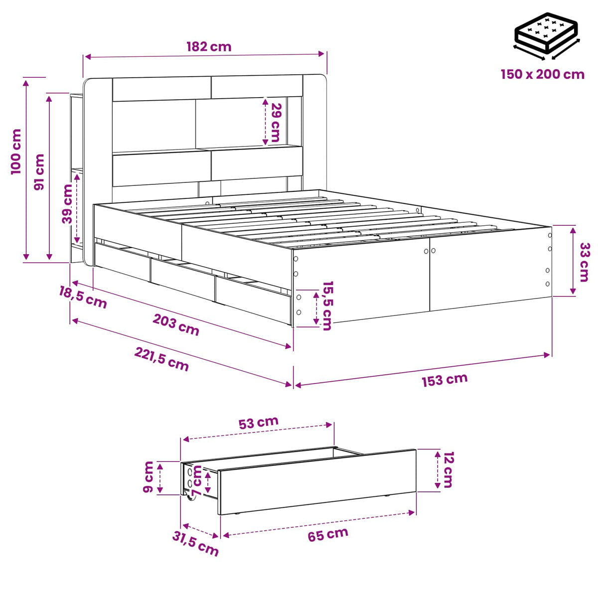Bed Frame with Storage and Headboard Artisan Oak 150 x 200 cm